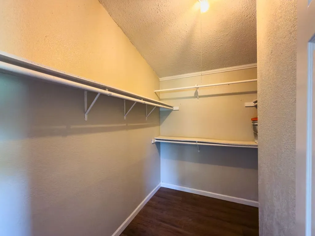 Walk-in closet with ample storage, featuring wood-finish flooring, multiple shelving units, and clothing rods