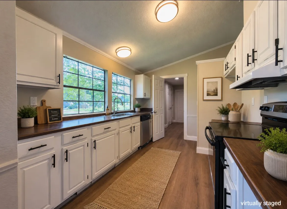 Kitchen featuring extensive white cabinetry with matte black hardware, wood-finish countertops, stainless steel sink with gooseneck faucet, and wood-finish flooring