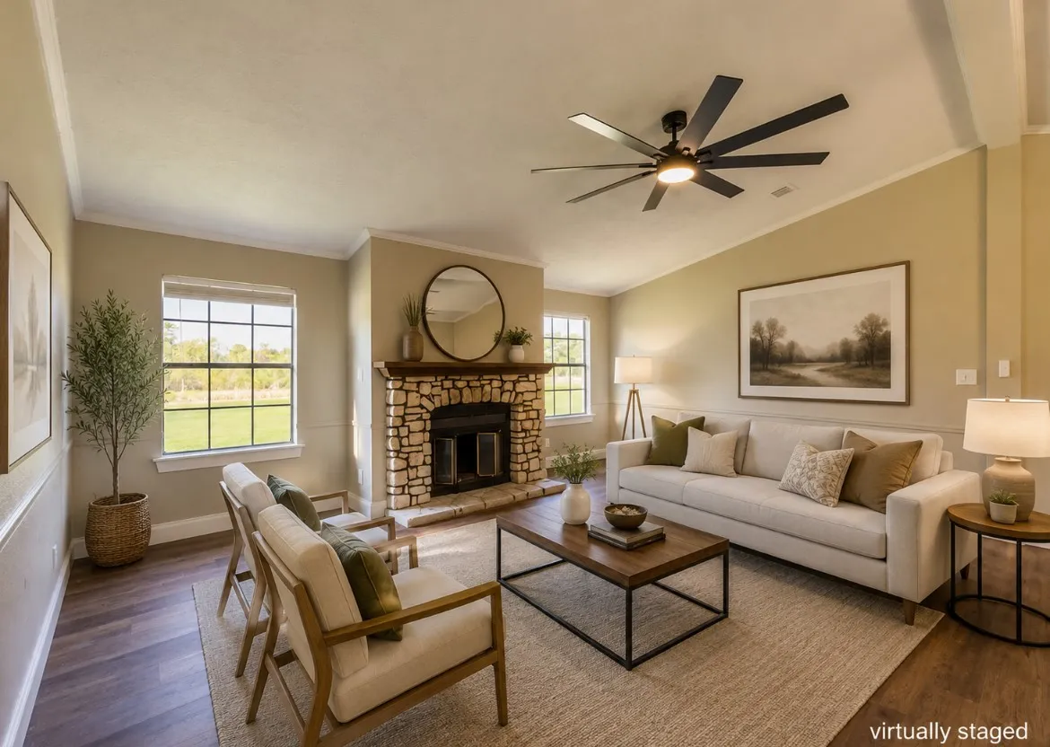 Living area featuring a stone-clad fireplace with a wood mantel, wood-finish flooring, and a multi-blade ceiling fan
