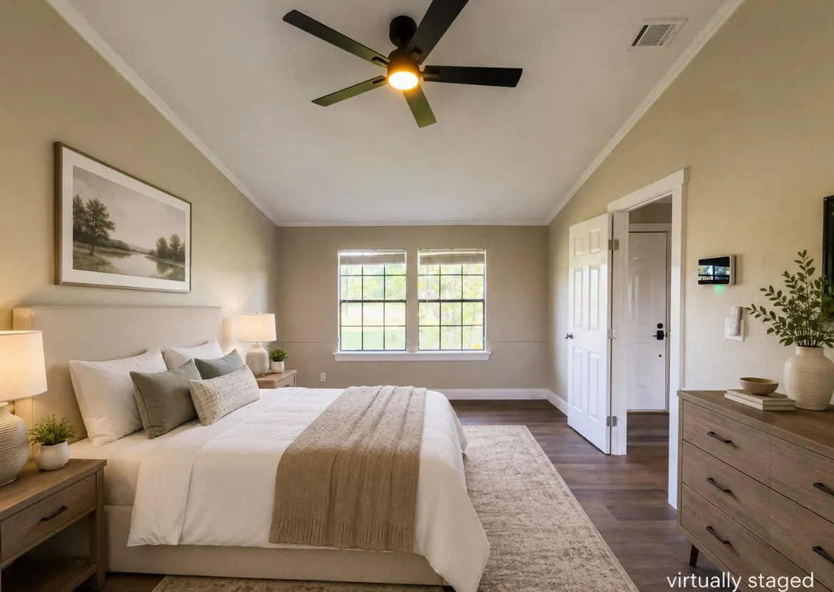 Spacious bedroom featuring vaulted ceilings, wood-finish flooring, and two paneled interior doors