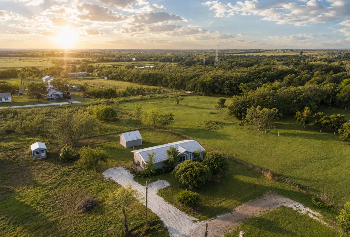 Expansive property featuring a single-story residence with a metal roof, two detached storage sheds, and a gravel driveway