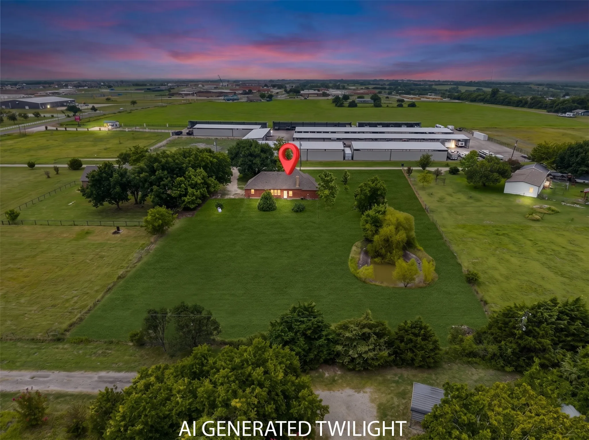 Expansive rural property featuring a traditional brick home with a dark shingle roof, surrounded by extensive green lawns