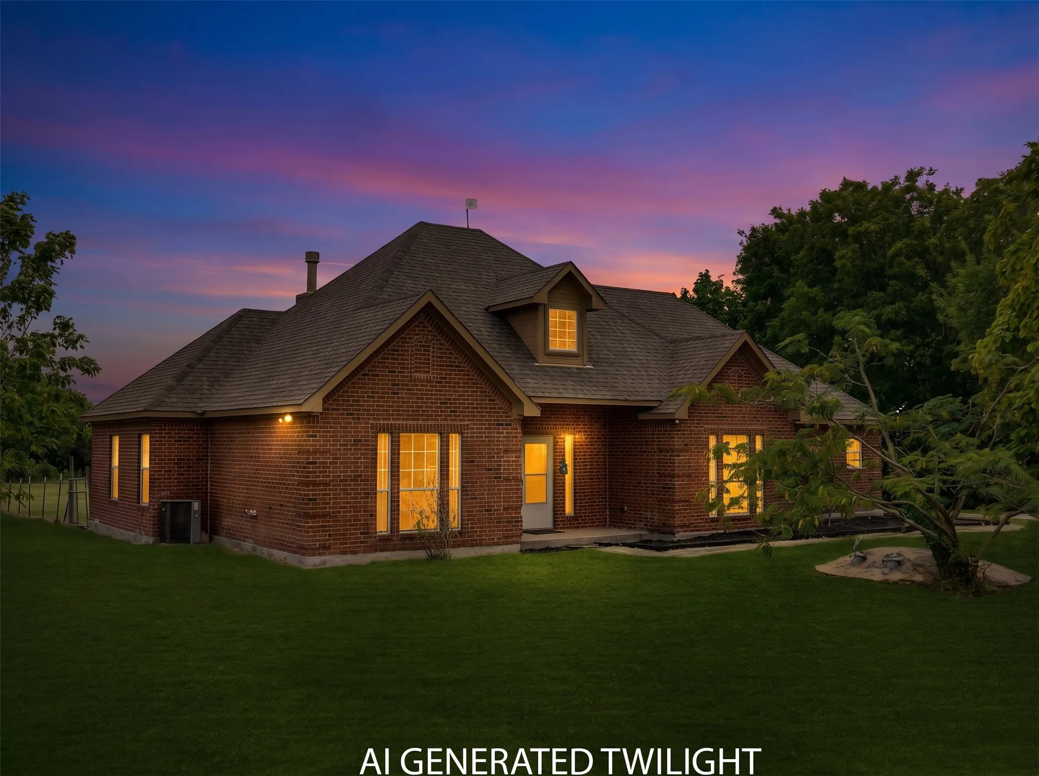 Brick exterior residence featuring a gabled roofline, dormer window, and an expansive lawn
