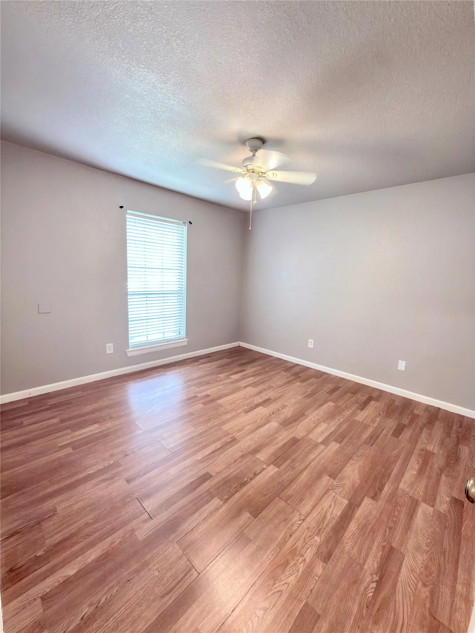 Spacious room featuring wood-finish flooring, a single window with blinds, and neutral wall tones