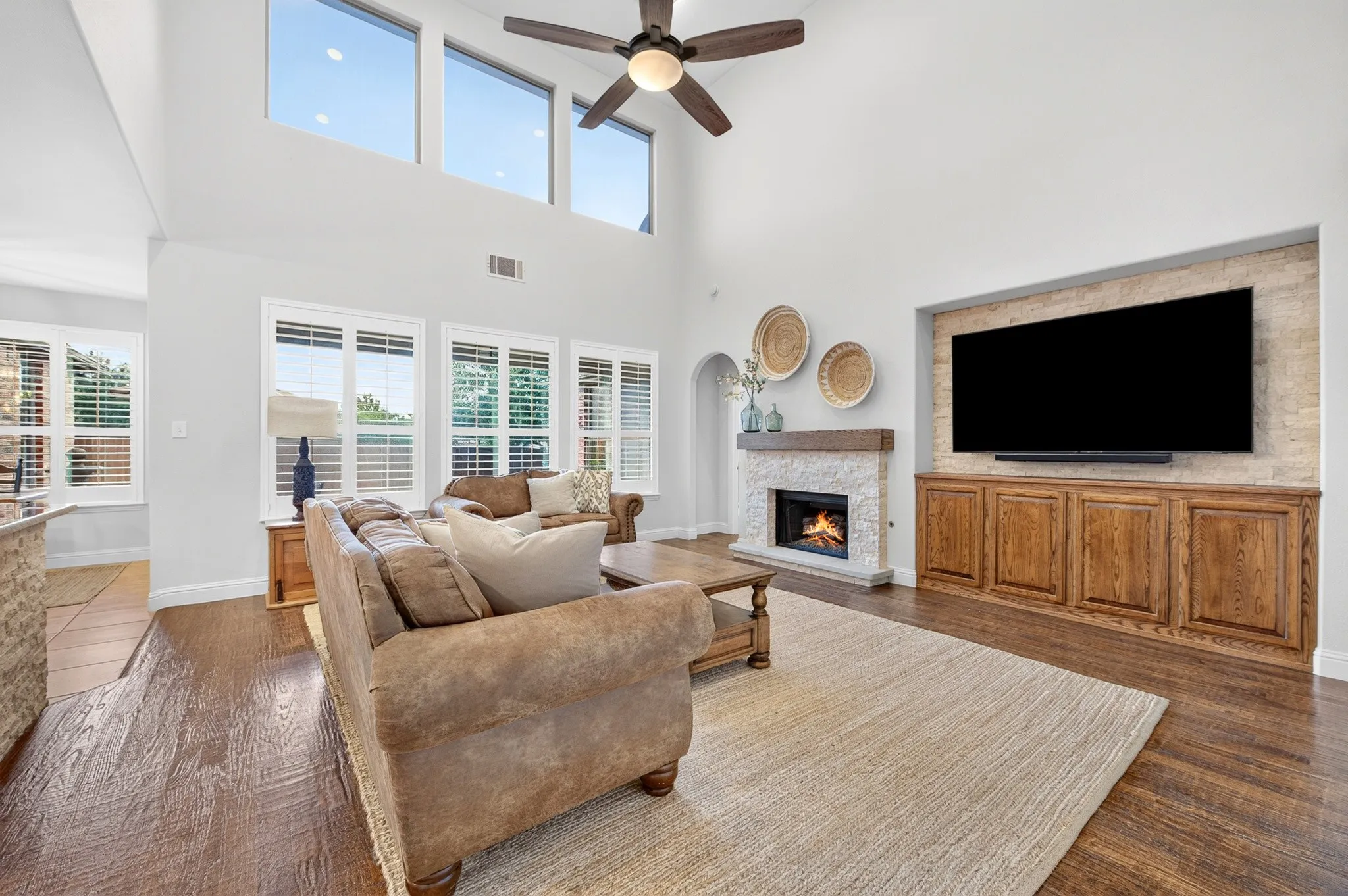 Gorgeous stone wall and fireplace!