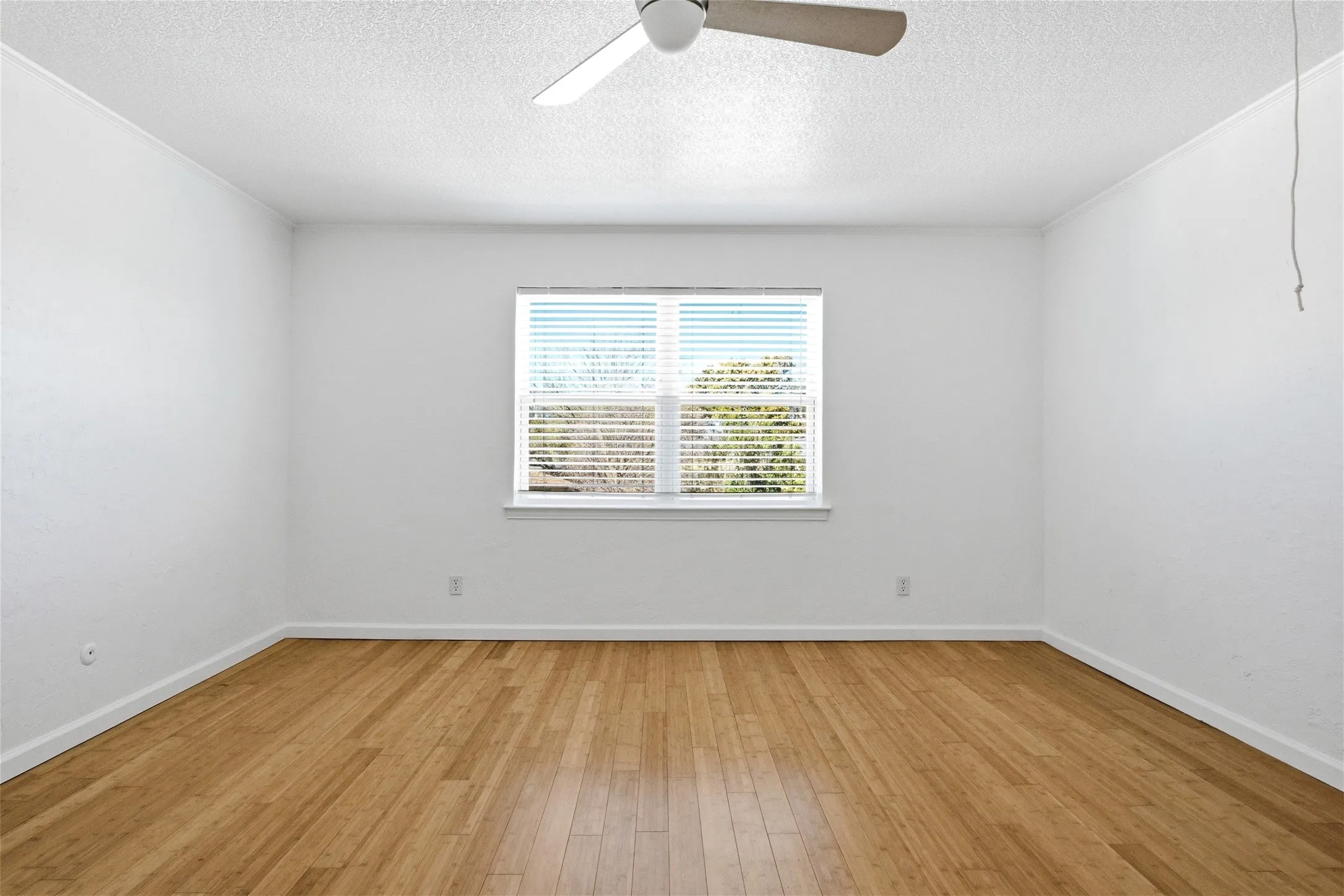 Spacious room featuring wood-finish flooring, white walls, and a ceiling fan