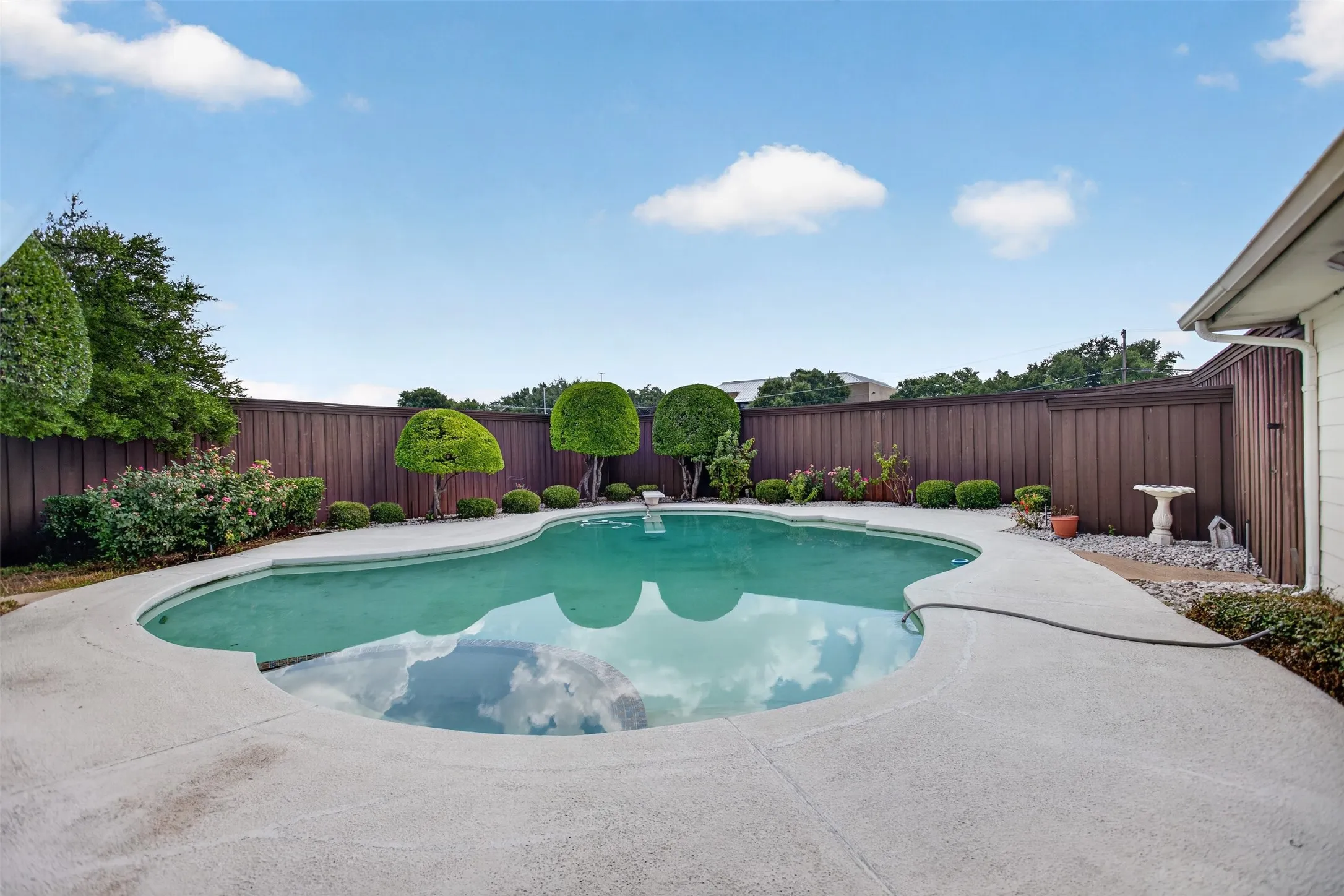Freeform swimming pool with a surrounding concrete deck