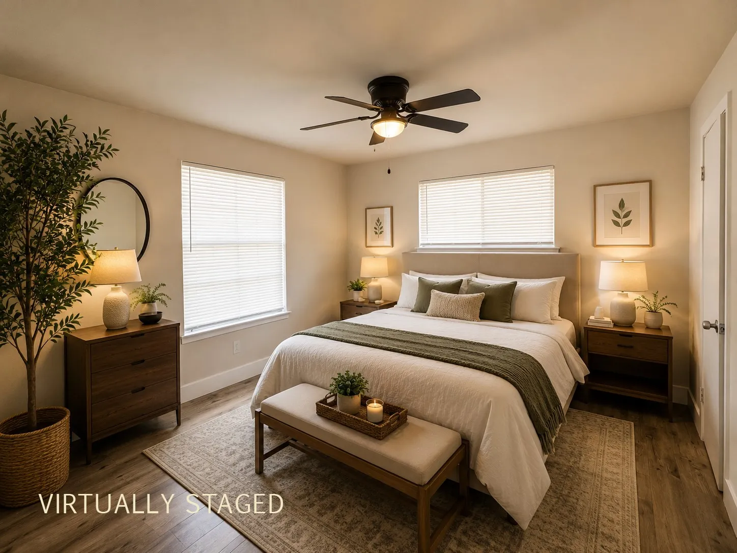 Well-lit room featuring wood-finish flooring, a ceiling fan with integrated lighting, and dual windows with blinds