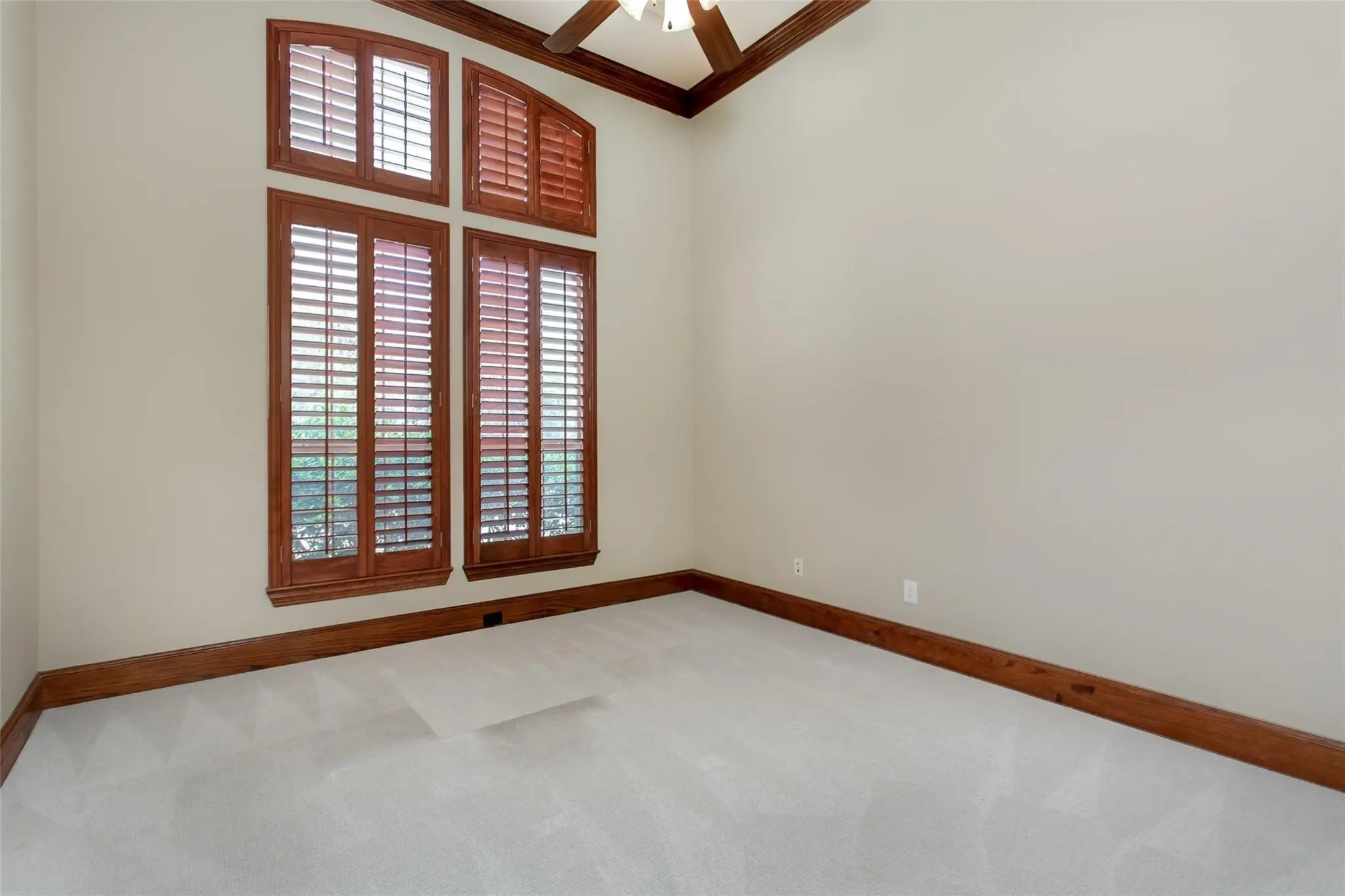 Tall windows with wood plantation shutters and deep wood trim