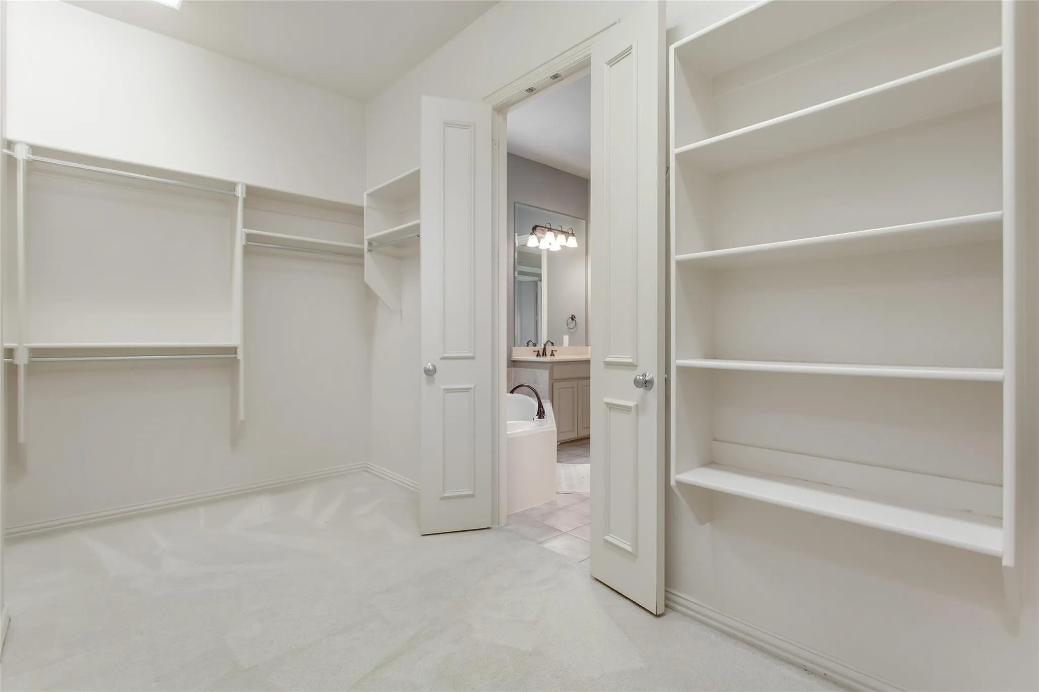 Spacious walk-in closet featuring white built-in shelving, hanging rods, and light-toned carpet flooring