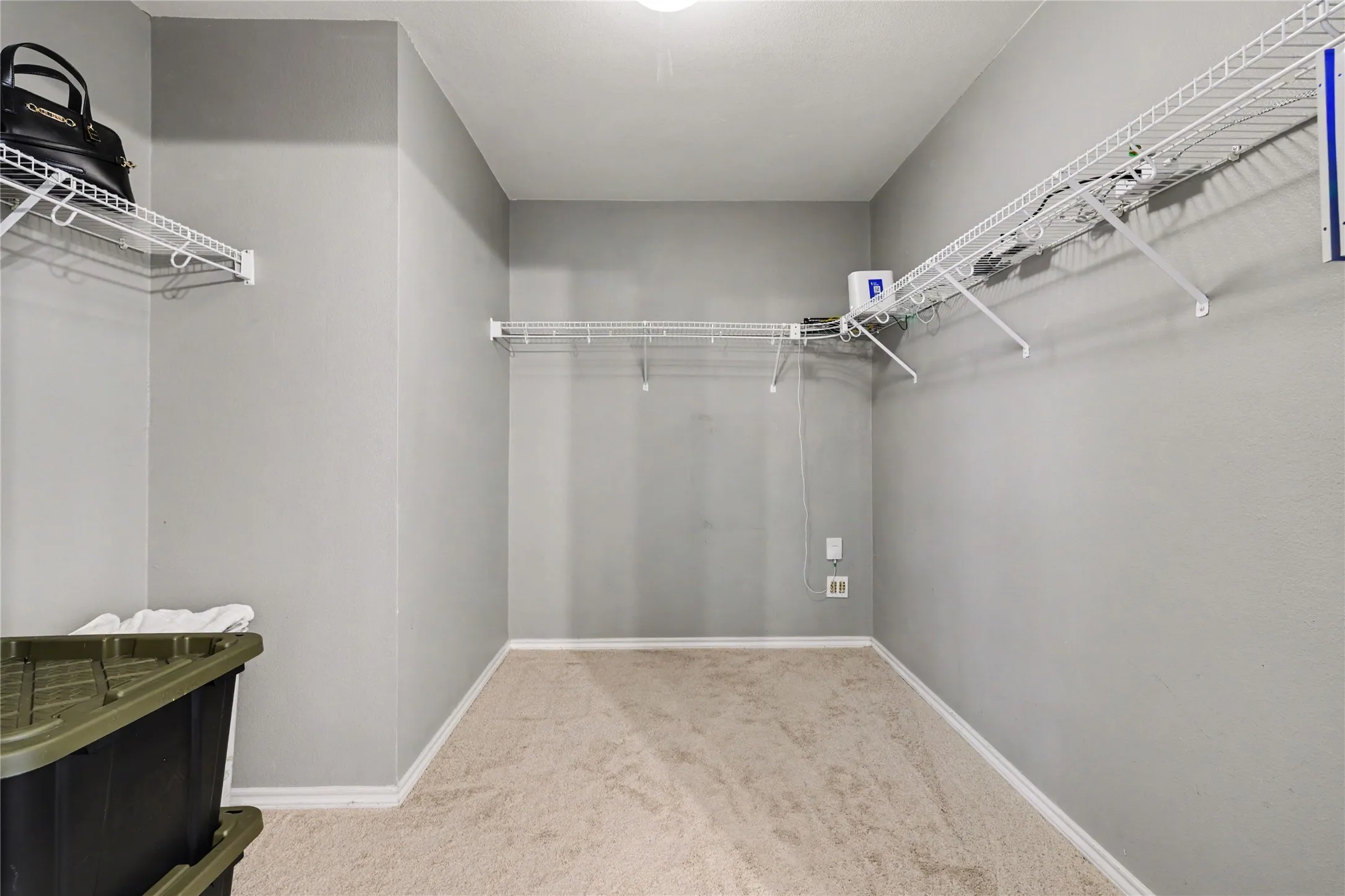 Spacious closet featuring wall-to-wall carpeting, multiple levels of wire shelving, and neutral gray wall paint