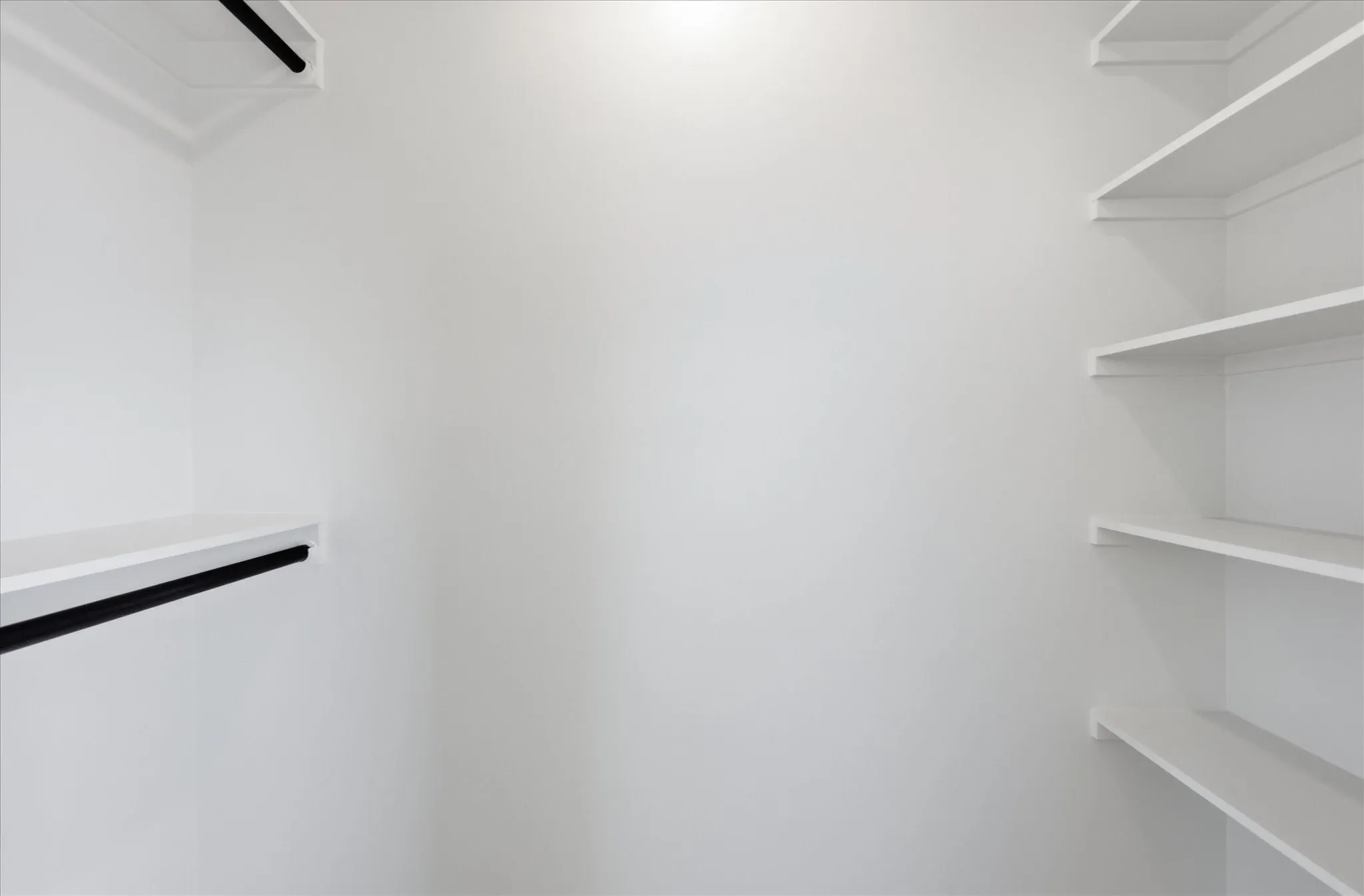 Walk-in closet featuring white painted walls and multiple white shelving units