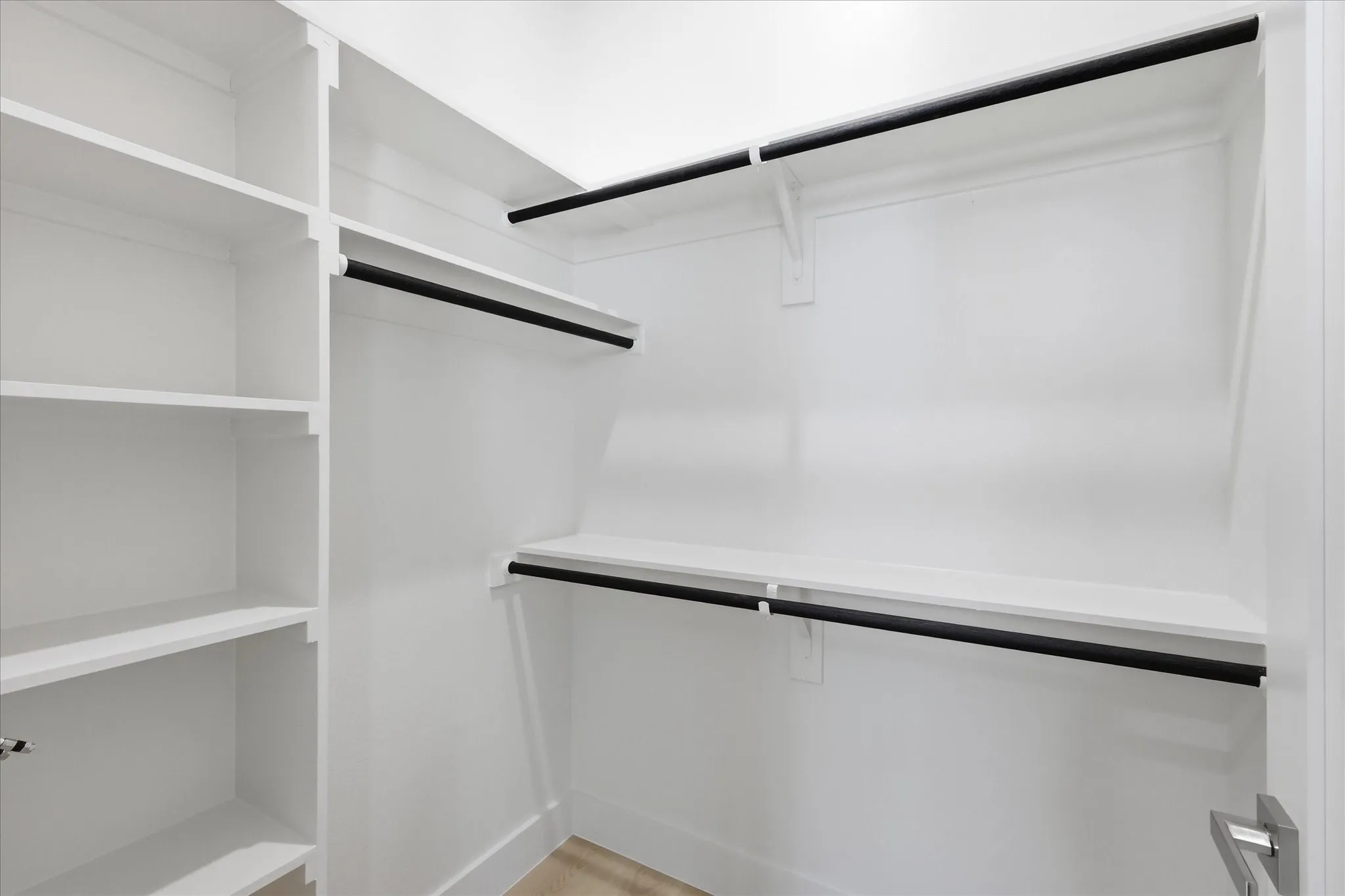 Walk-in closet featuring built-in shelving, white walls, black garment rods, and light wood-finish flooring