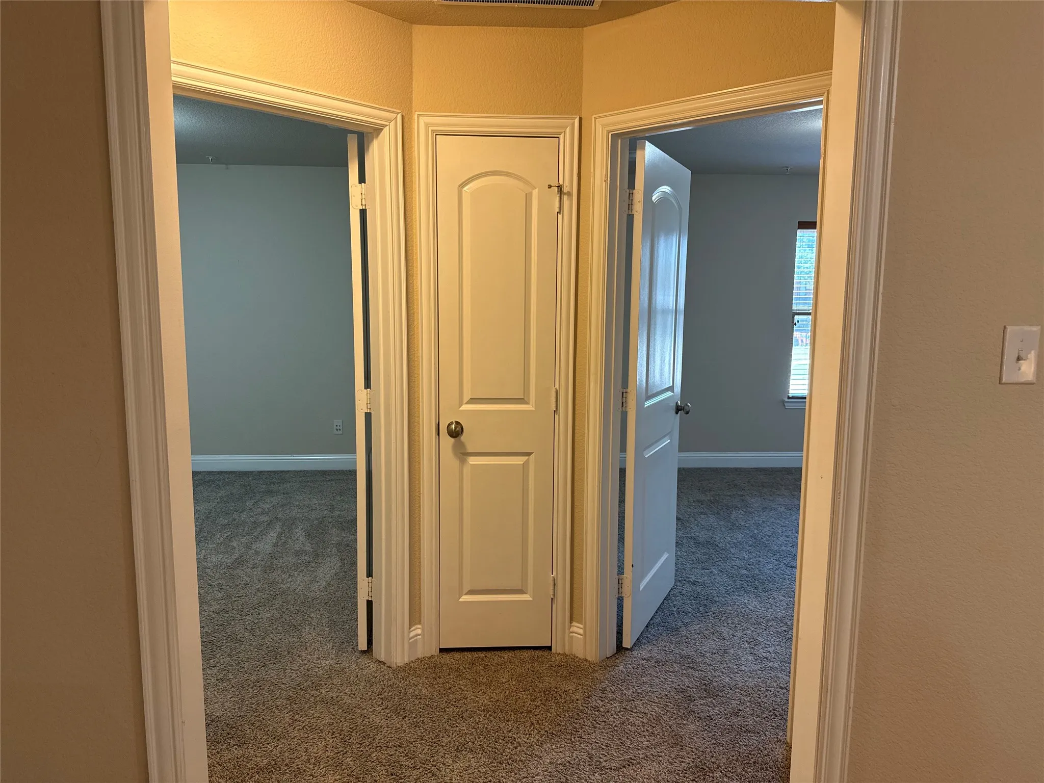 Hallway featuring three paneled doors with brushed nickel hardware