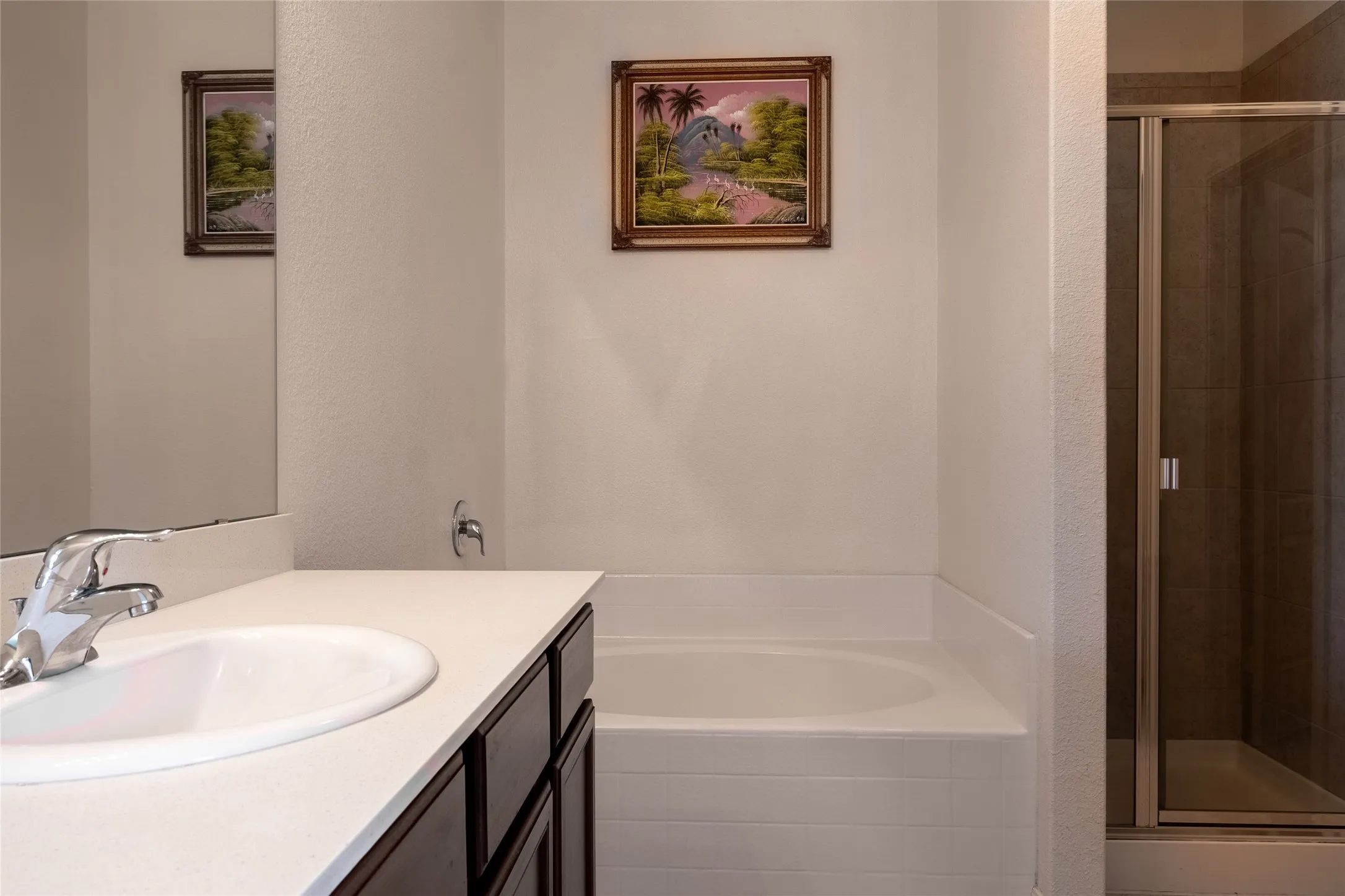 Bathroom with vanity and separate shower and tub