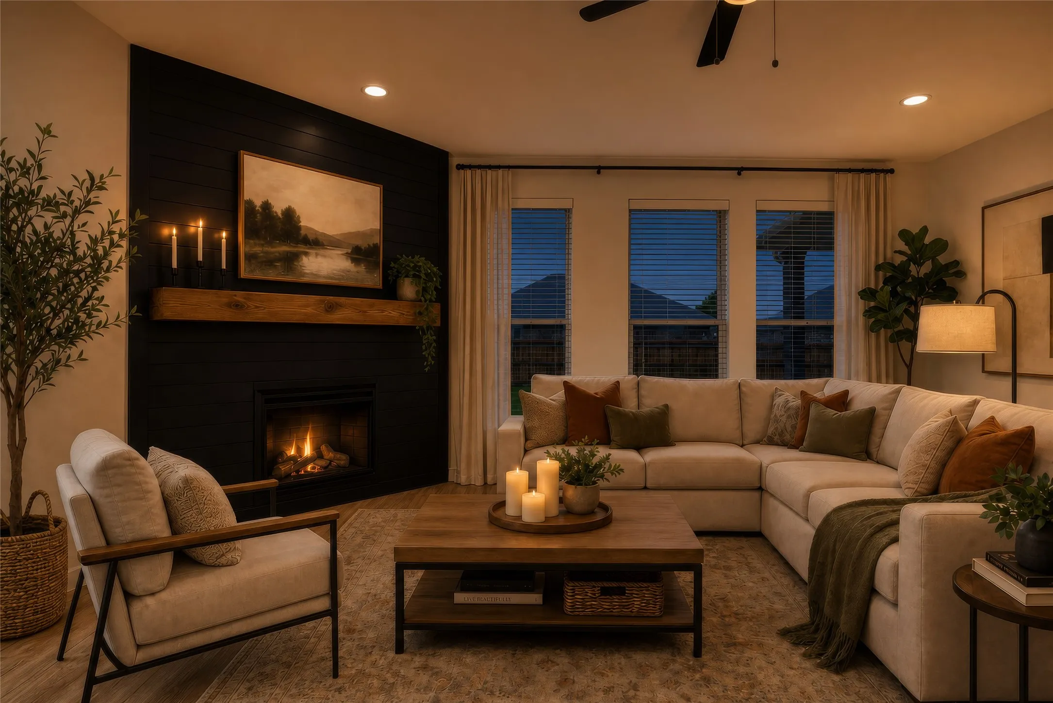 AI Photo - Living area featuring a floor-to-ceiling fireplace with a wood mantle, recessed lighting, ceiling fan, multiple windows with blinds, and wood-finish flooring