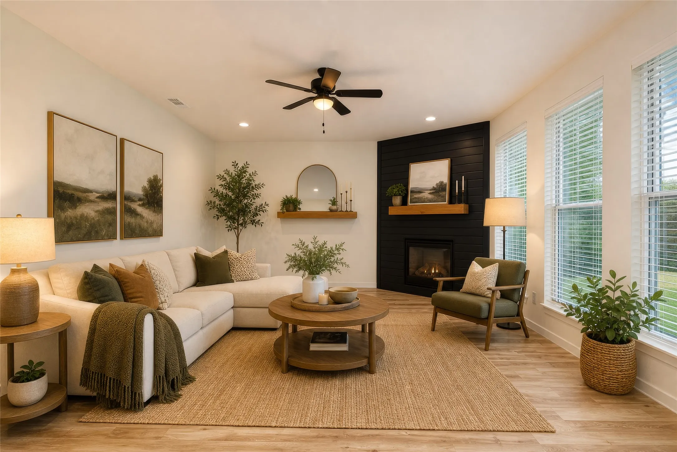 AI Photo - Living area featuring a corner fireplace with a dark shiplap accent wall and a wood mantel