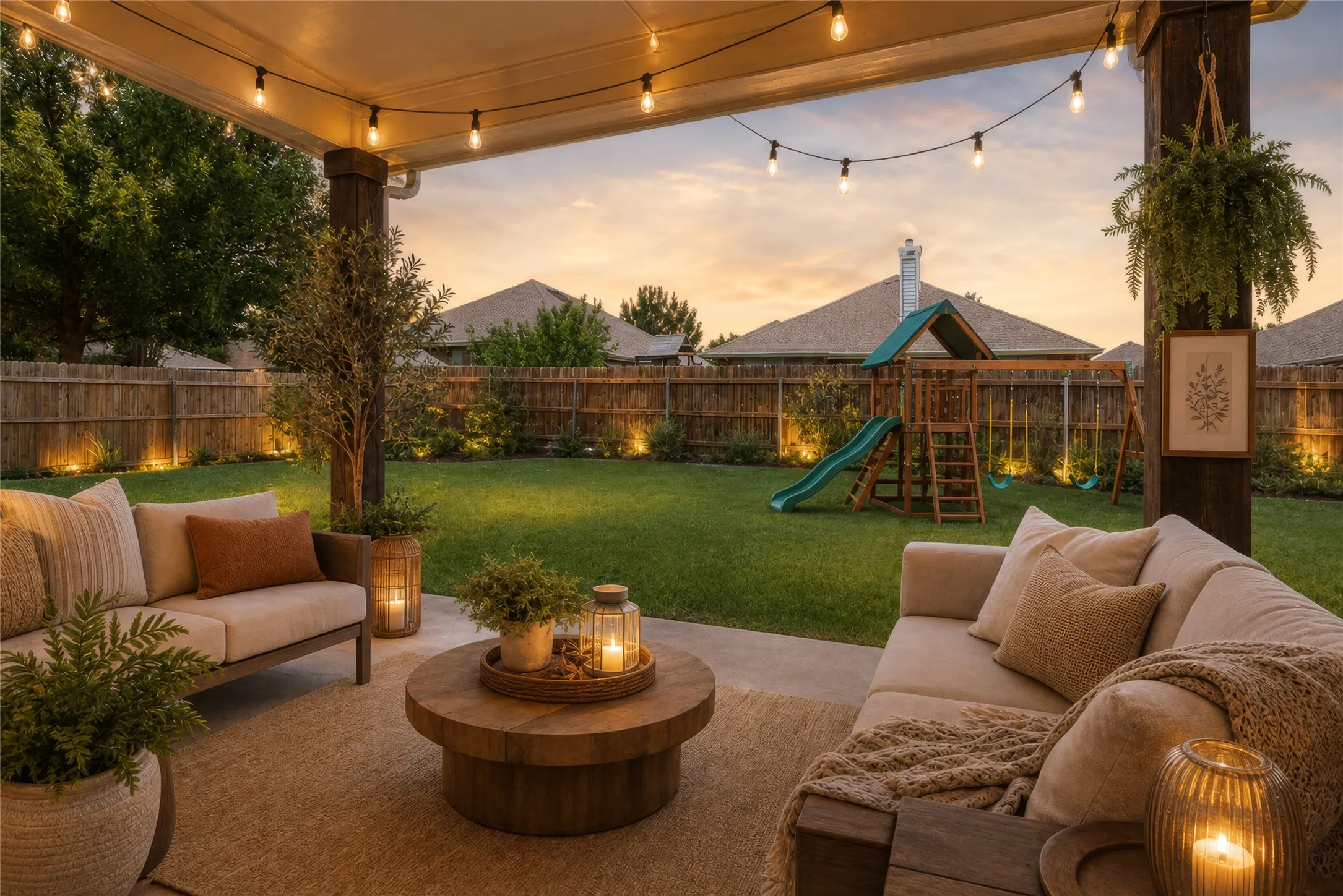 AI Photo - Covered patio featuring string lighting, wood posts, and a concrete floor