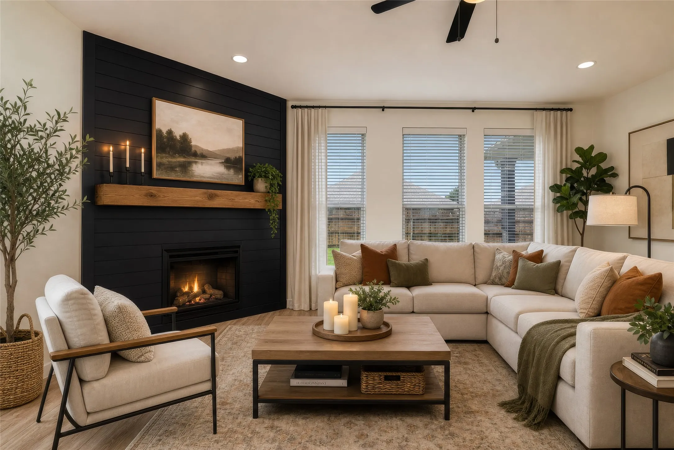 AI Photo - Living area featuring a black shiplap accent wall with a built-in fireplace and wood mantel