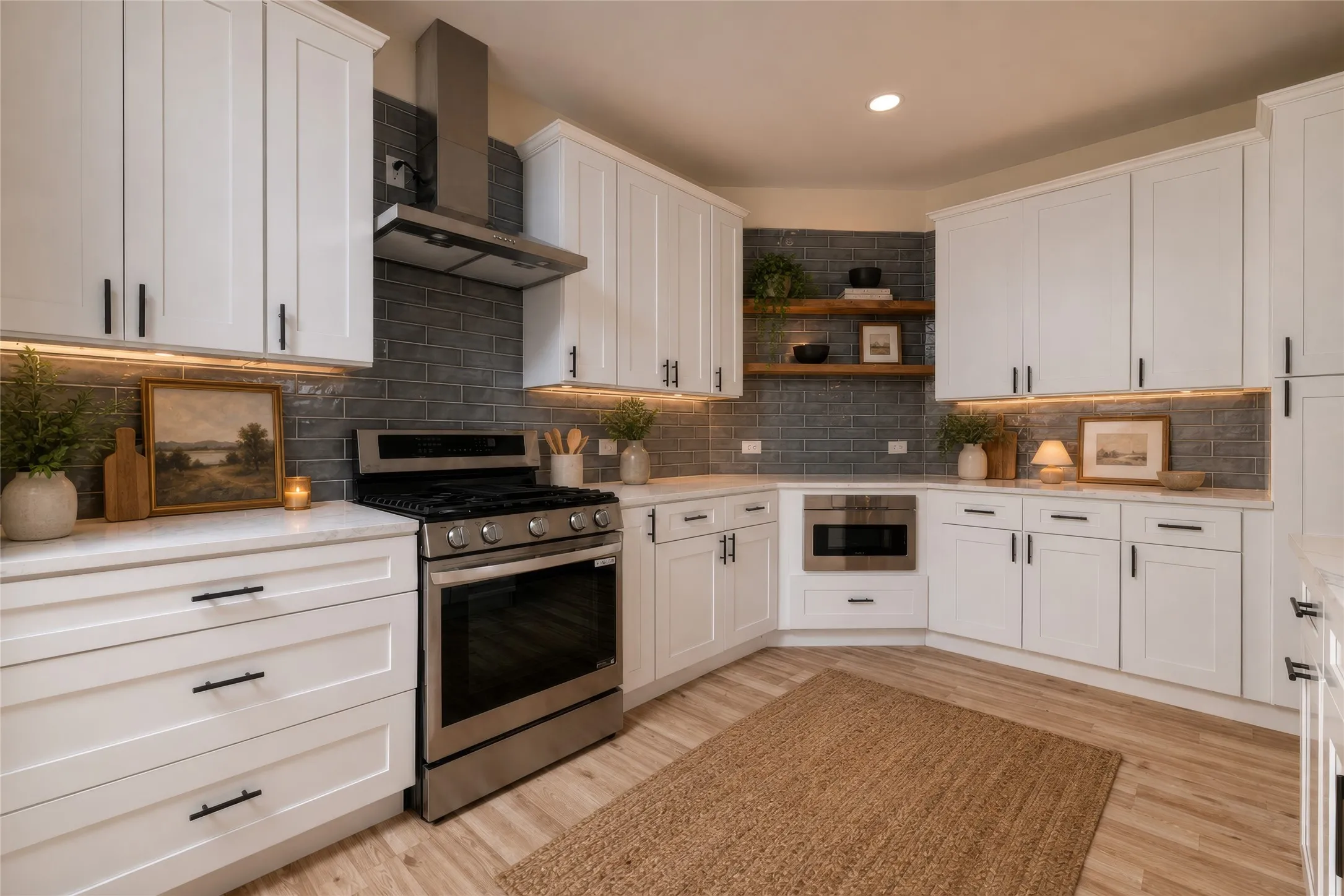 AI Photo - Modern kitchen featuring white cabinetry, stainless steel appliances, a dark subway tile backsplash, light wood-finish flooring, and under-cabinet lighting