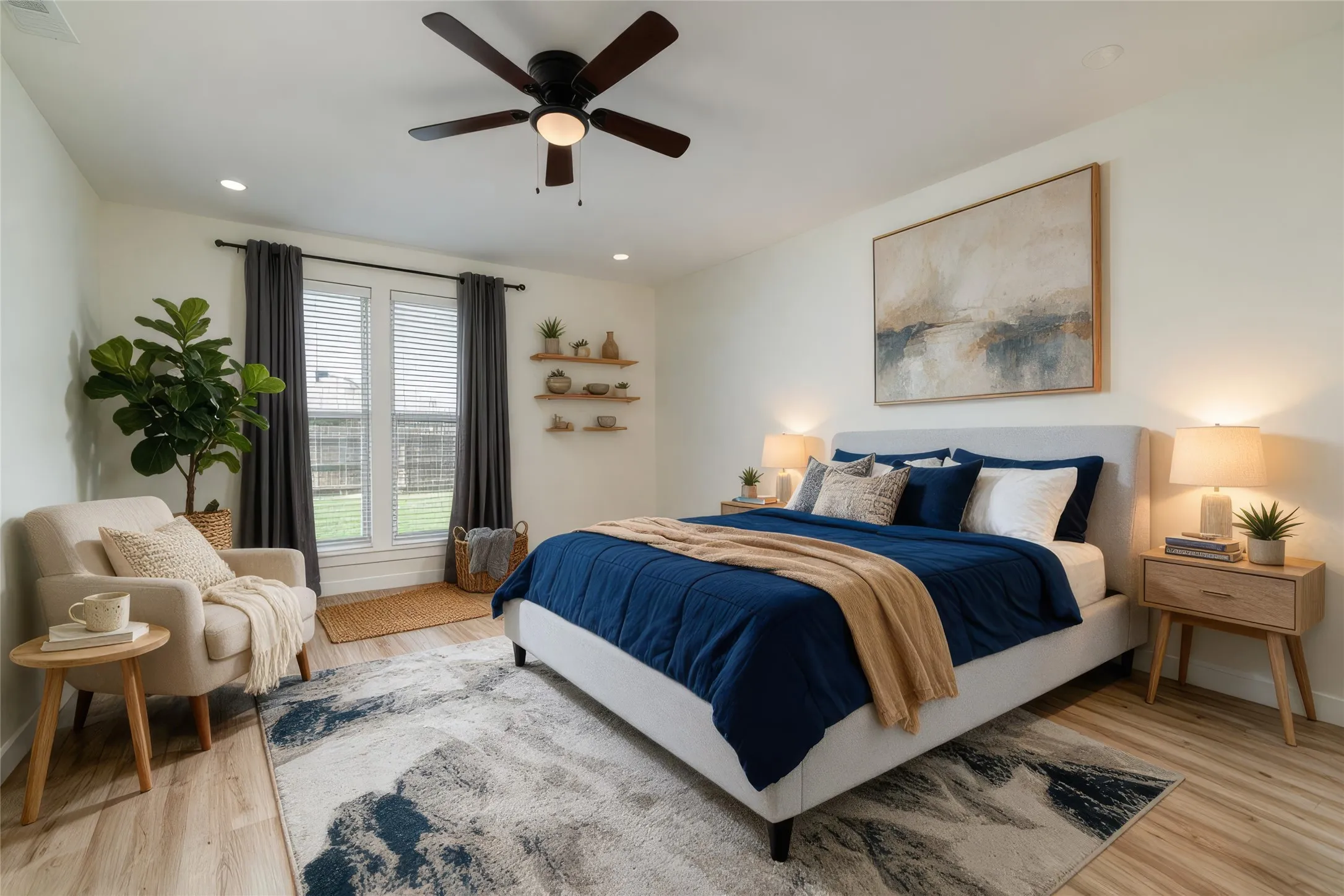 AI Photo - Spacious bedroom featuring wood-finish flooring and recessed lighting