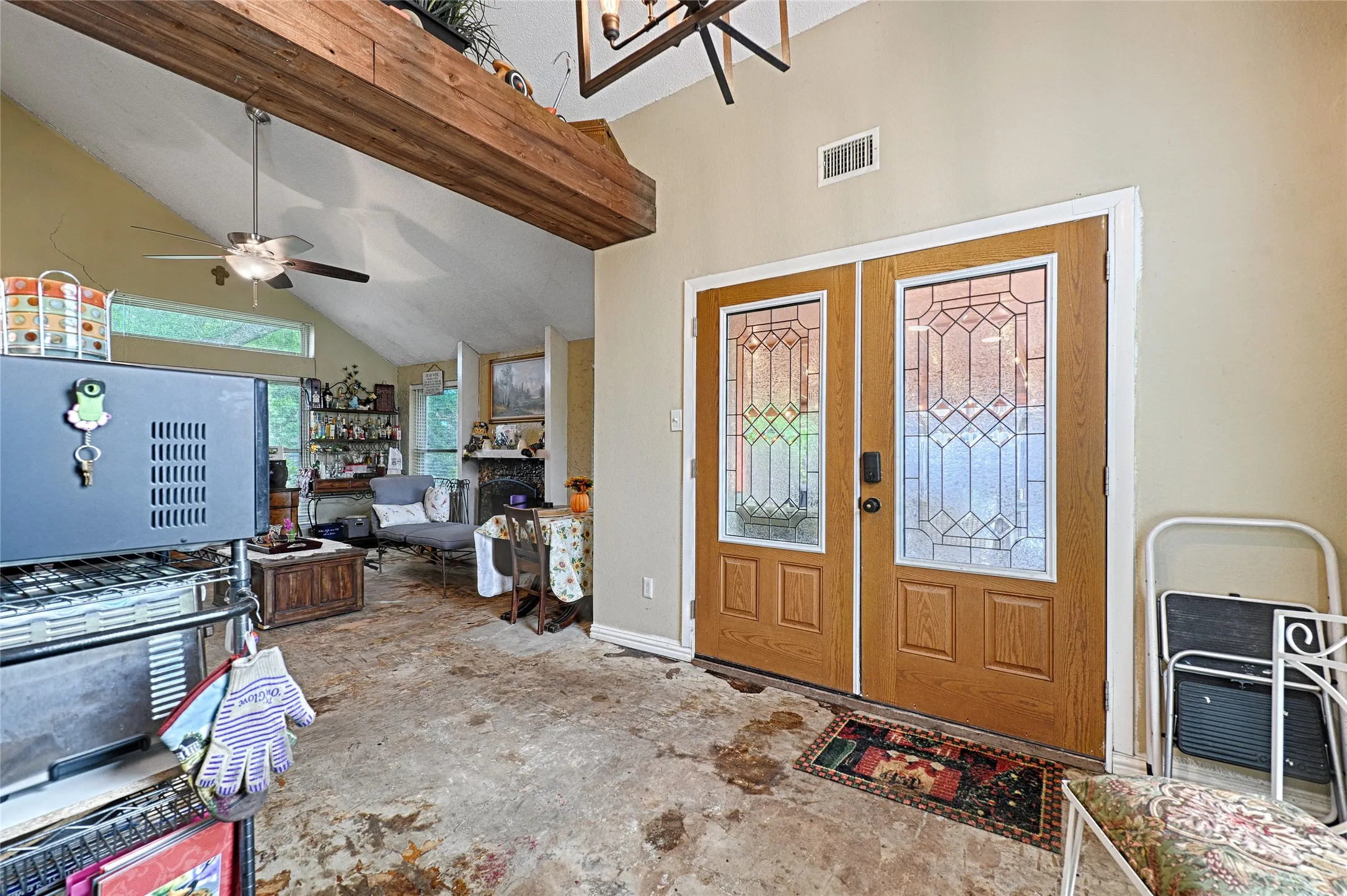 Double entry doors with leaded glass inserts