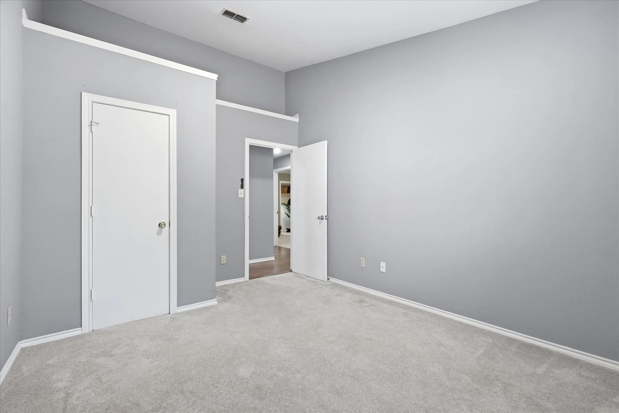 Spacious bedroom with neutral gray walls, neutral carpet flooring, and abundant natural light from multiple windows