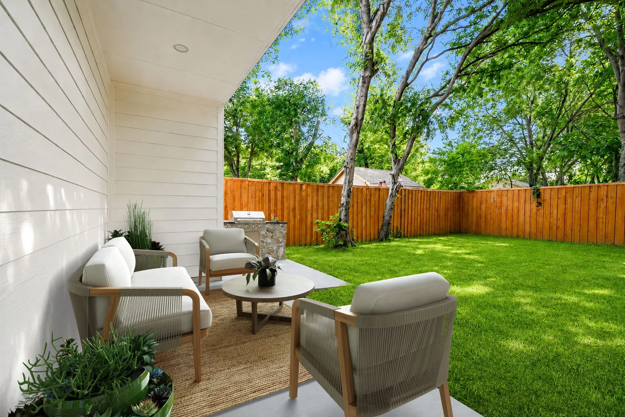 Covered Porch Which Has Been Virtually Staged.