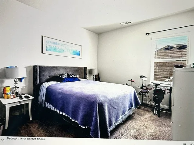 Bedroom featuring a window with blinds, light-colored walls, and carpet flooring