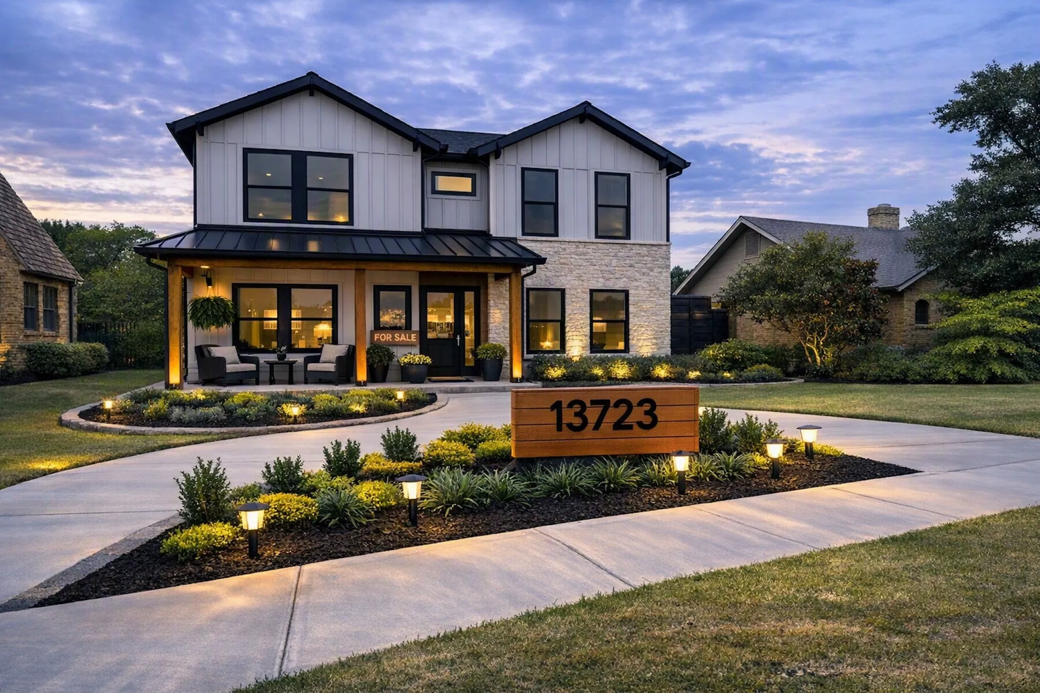 Front of home at dusk.