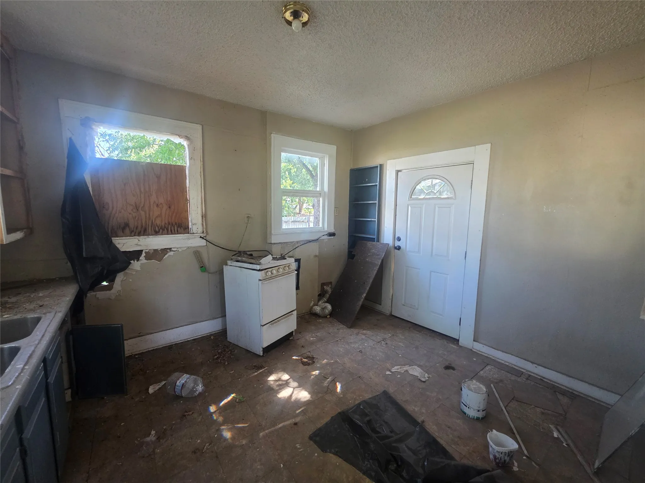Kitchen space with a white paneled door, a single-bulb ceiling light fixture, two windows, and existing cabinetry with a double basin sink