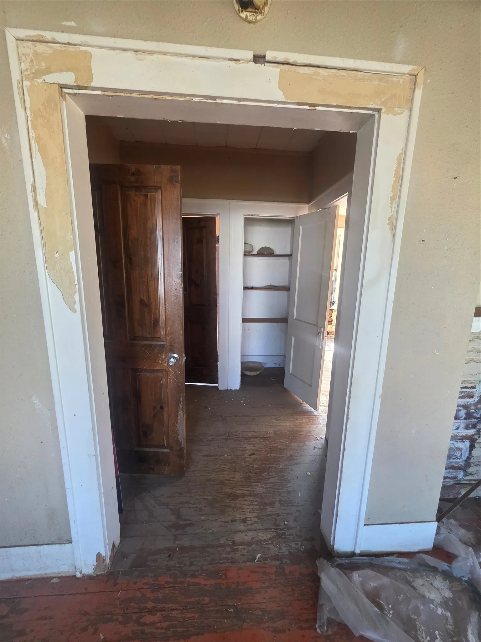 Interior doorway with white trim, featuring a dark wood-finish paneled door, built-in shelving, and wood-finish flooring