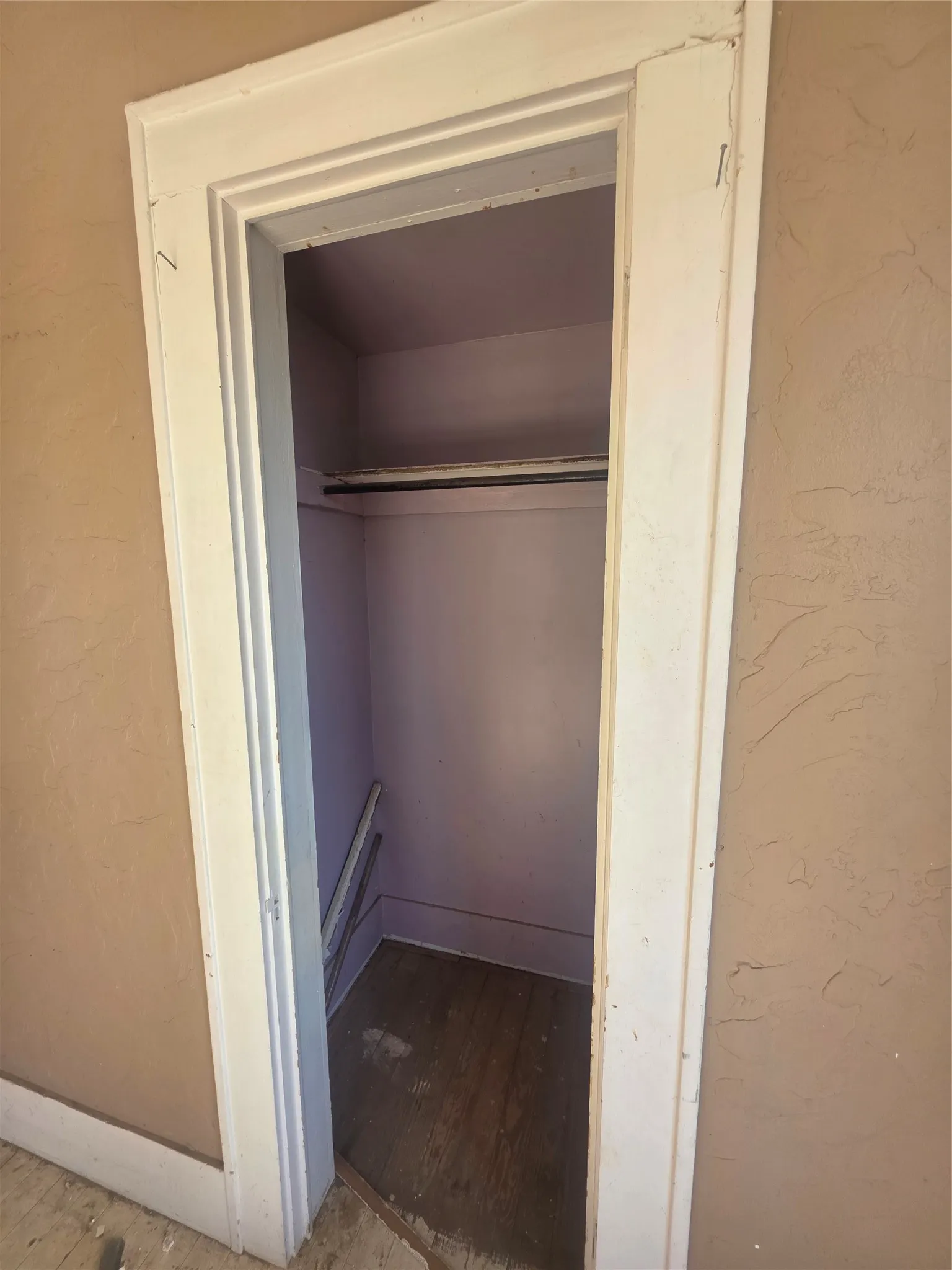 Closet with a hanging rod and painted interior walls, featuring wood-finish flooring