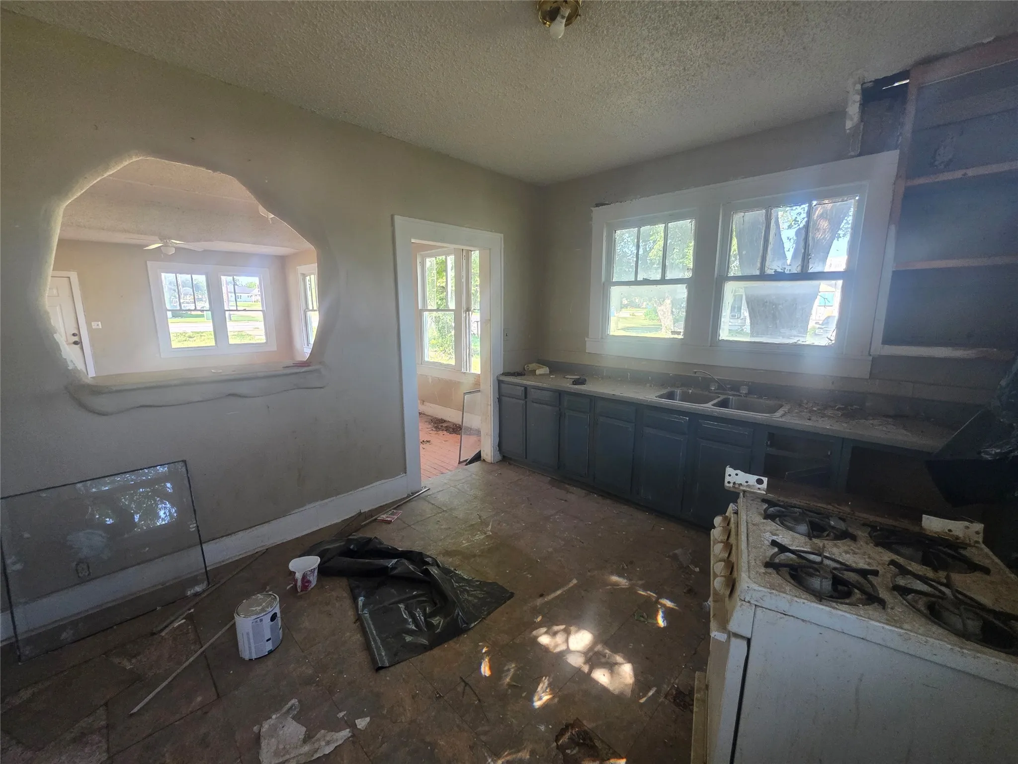Kitchen space featuring a dual basin sink, lower cabinetry, and multiple windows