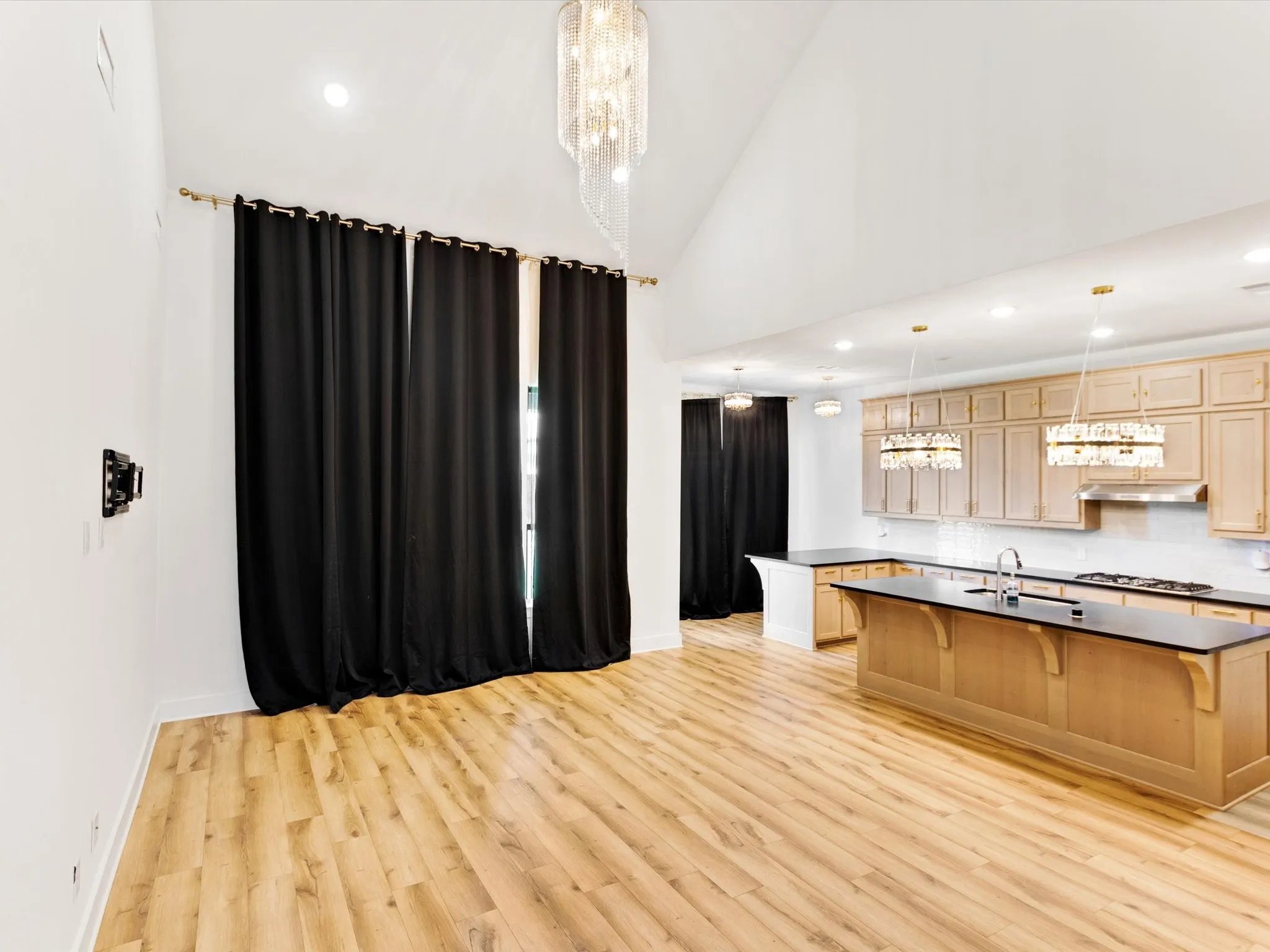 Open-concept kitchen and living area featuring wood-finish flooring, vaulted ceilings, and recessed lighting