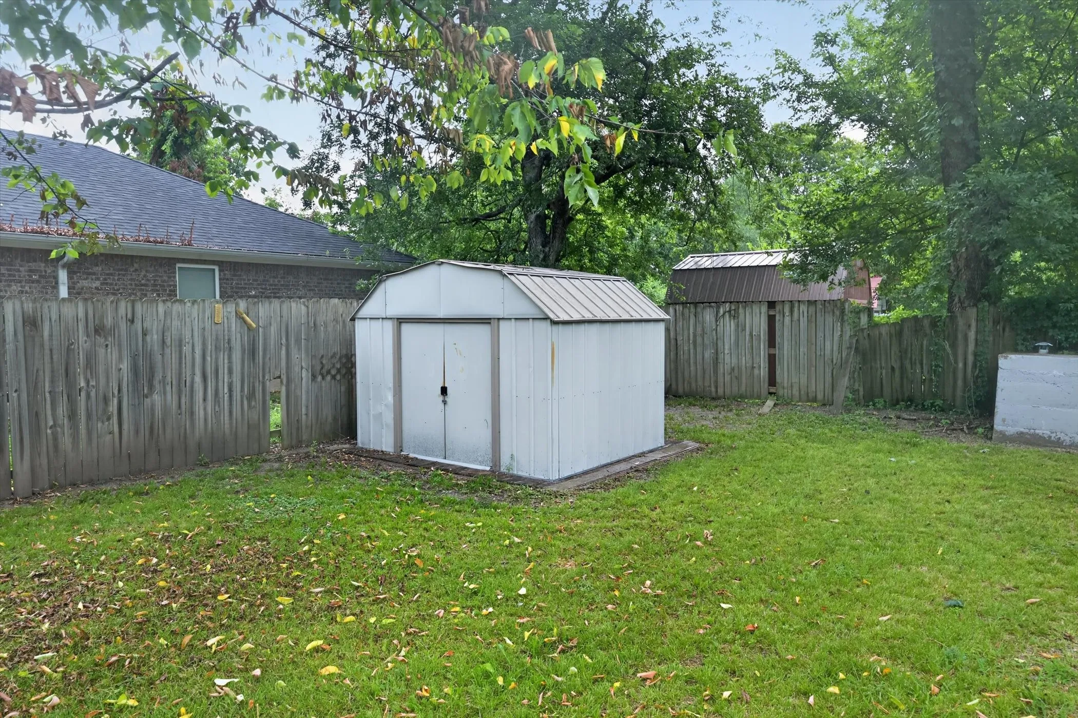Expansive backyard featuring a central storage shed with a metal roof, mature trees, and a wooden privacy fence enclosing the perimeter