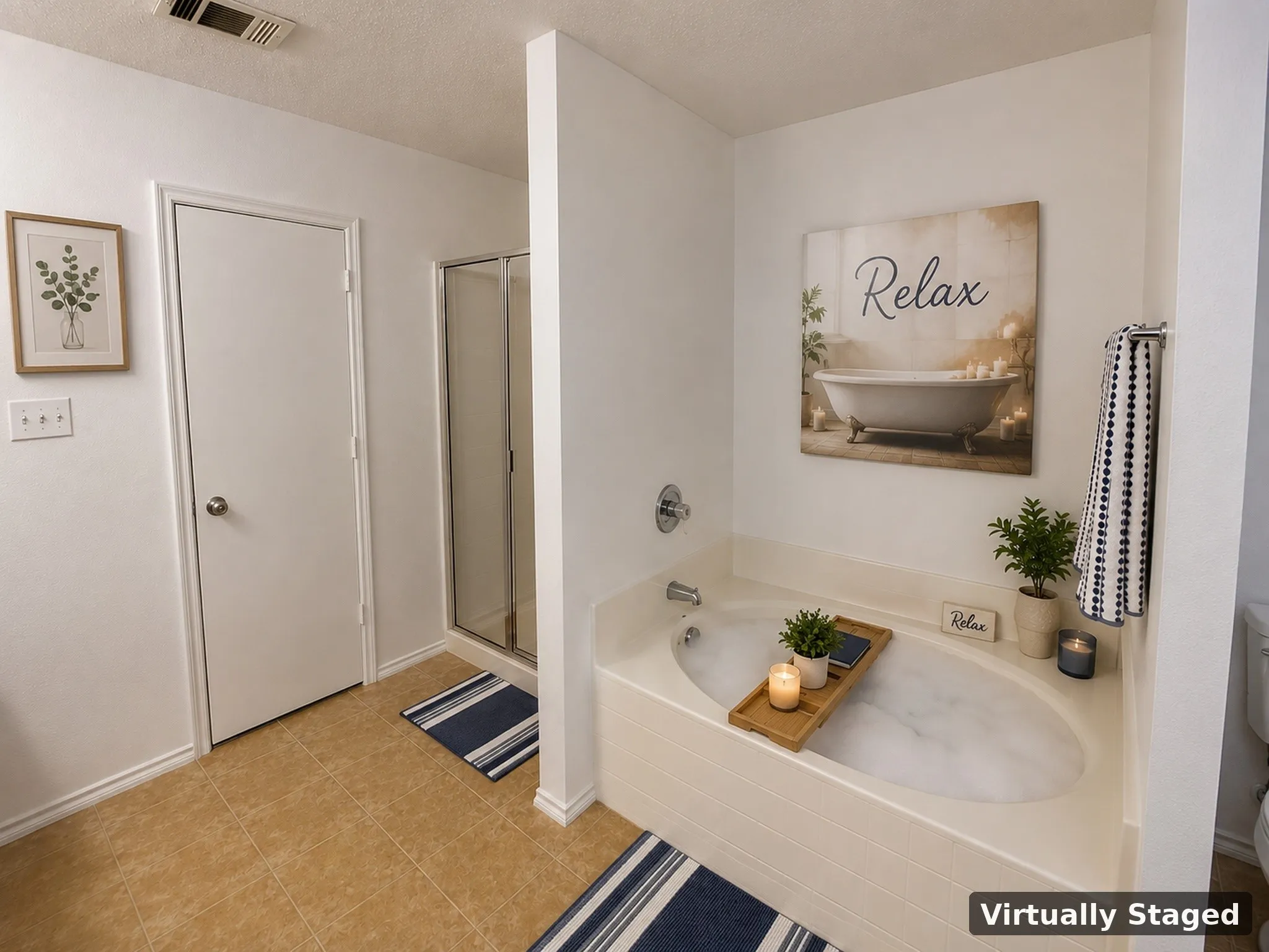 Built-in soaking tub, separate glass-enclosed shower, white painted walls, white door, and tiled flooring