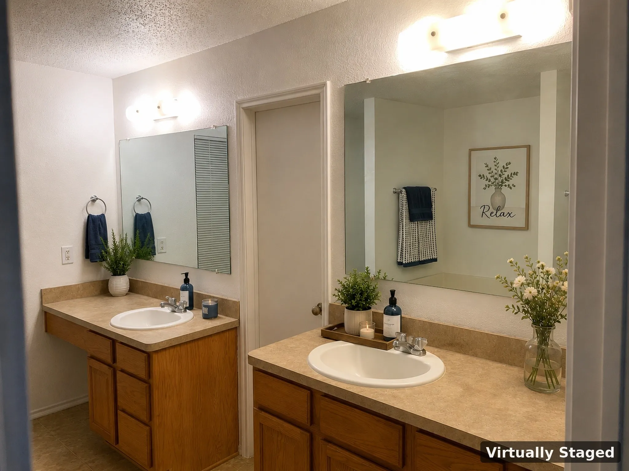 Dual vanity with integrated sinks, ample countertop space, and wood-finish cabinetry