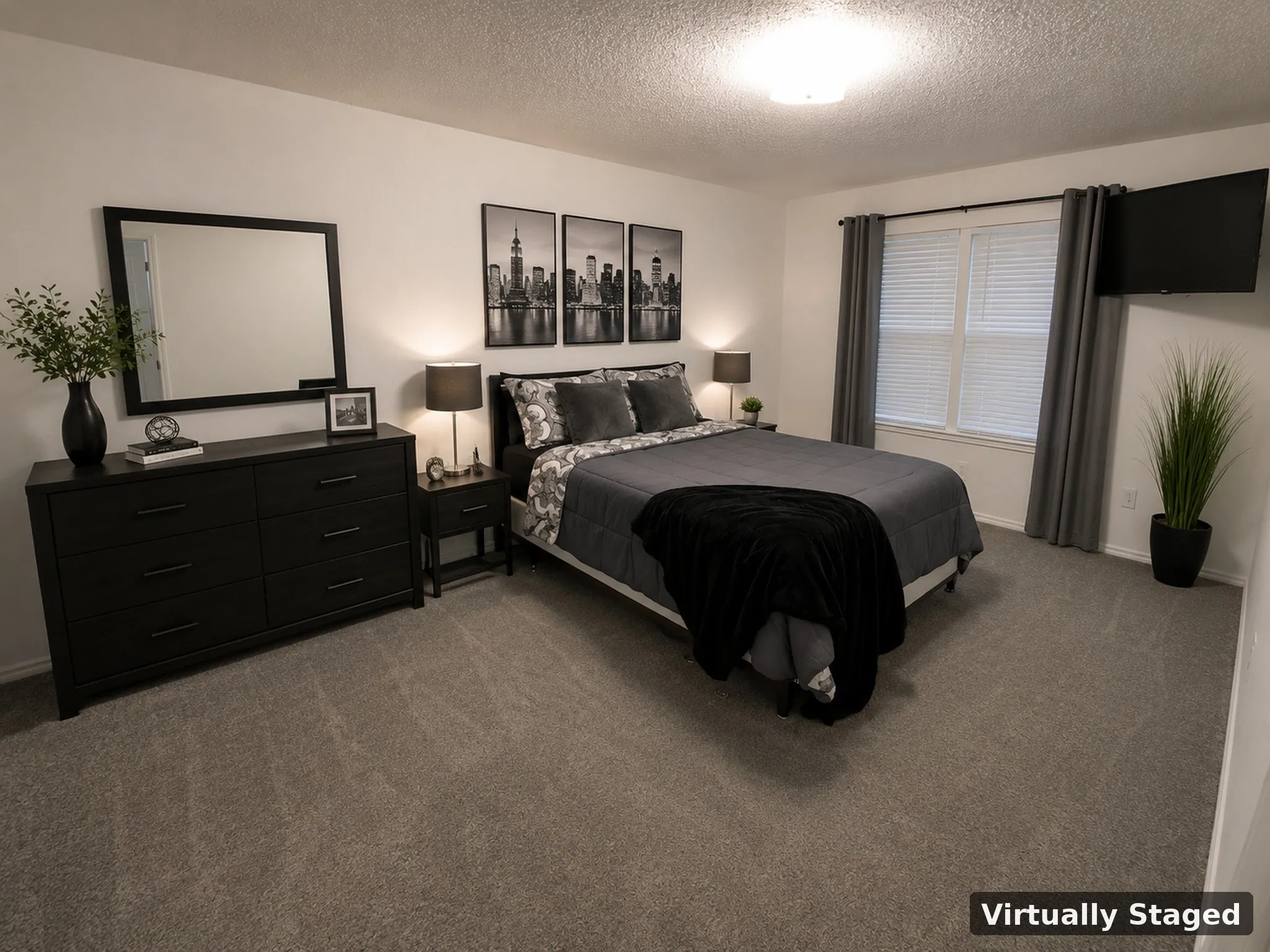 Wall-to-wall carpeting throughout, double window with horizontal blinds, flush mount ceiling light fixture, and white wall finishes
