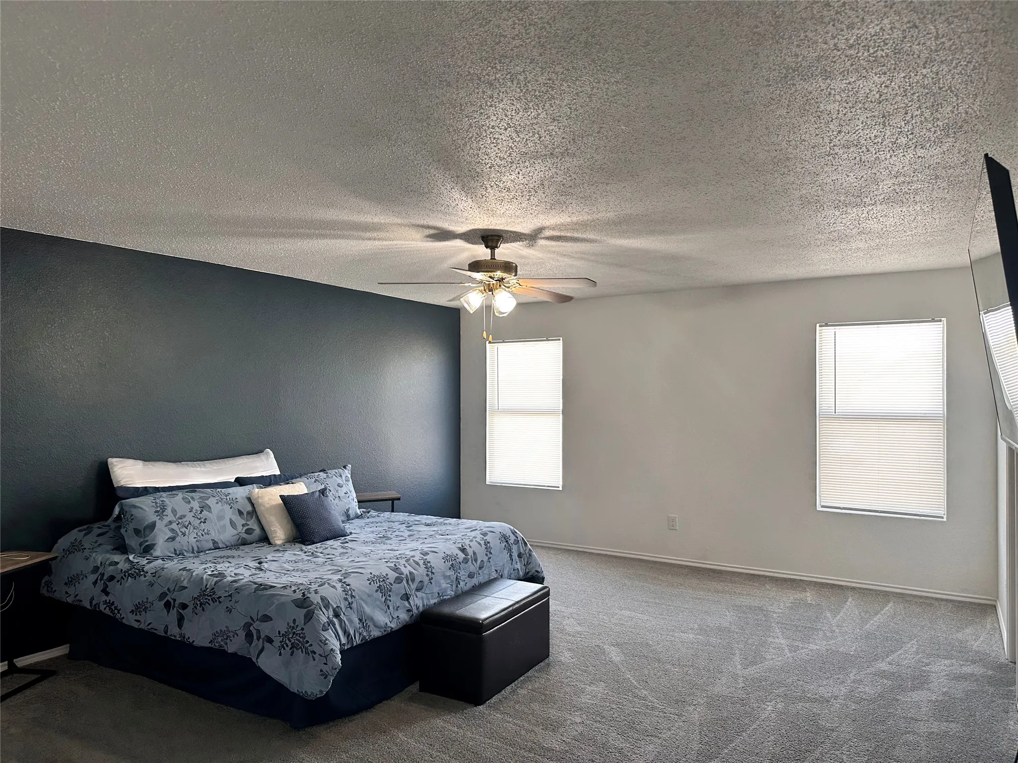 Spacious room featuring textured walls, two windows with blinds, a ceiling fan with integrated lighting, and carpet flooring