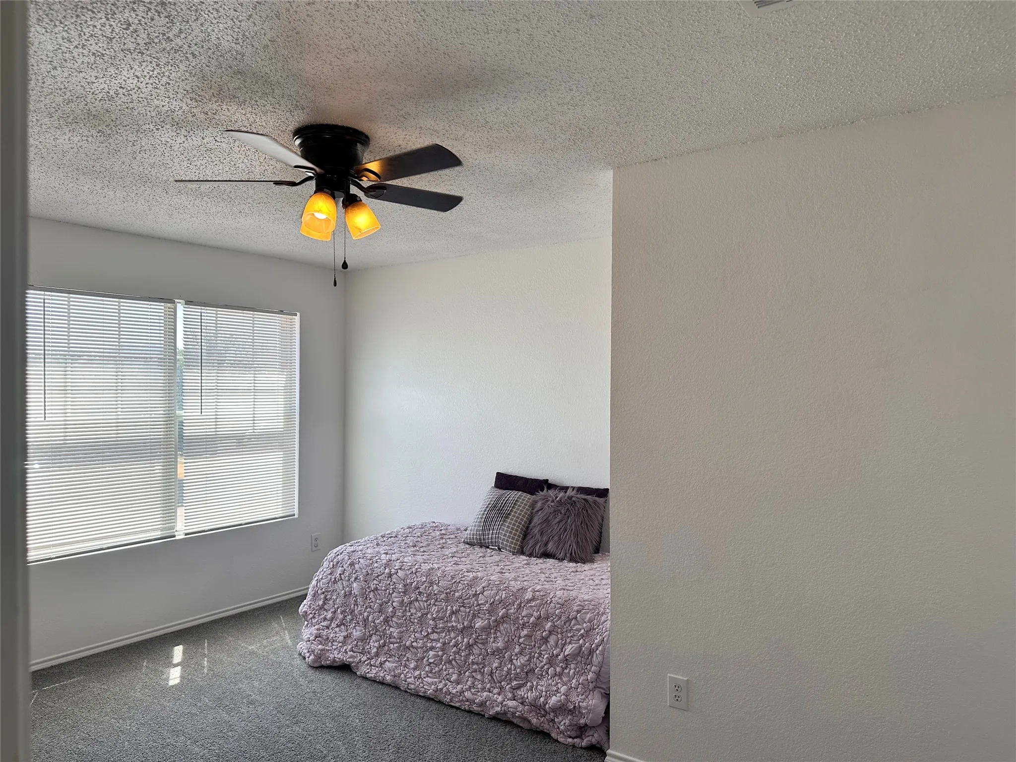 BedRoom featuring a ceiling fan with integrated lighting, window with blinds, and light-colored walls