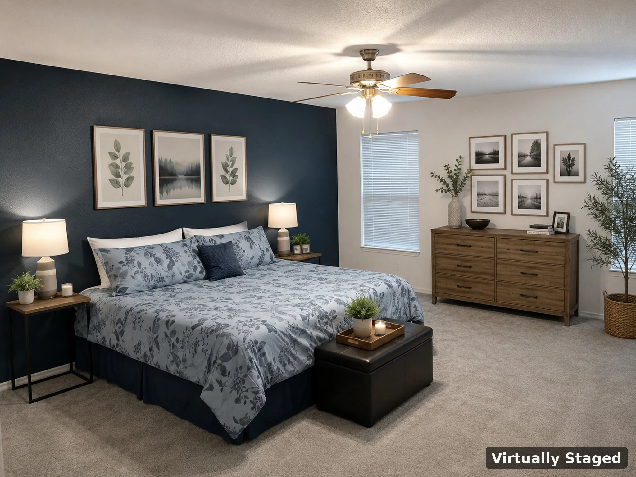 Textured carpeting, ceiling fan with integrated lighting, and multiple windows with blinds