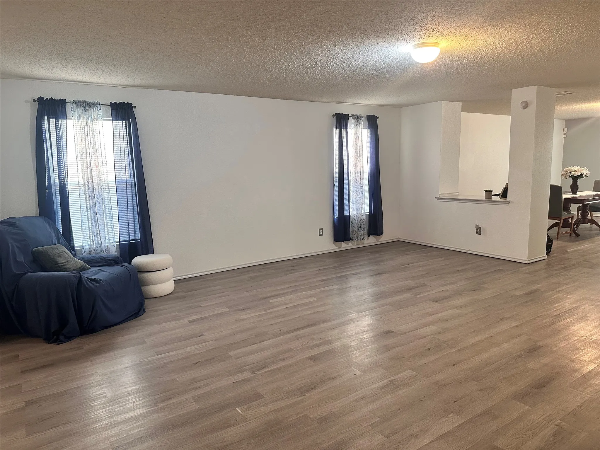 Spacious room featuring wood-finish flooring, white walls, and two windows