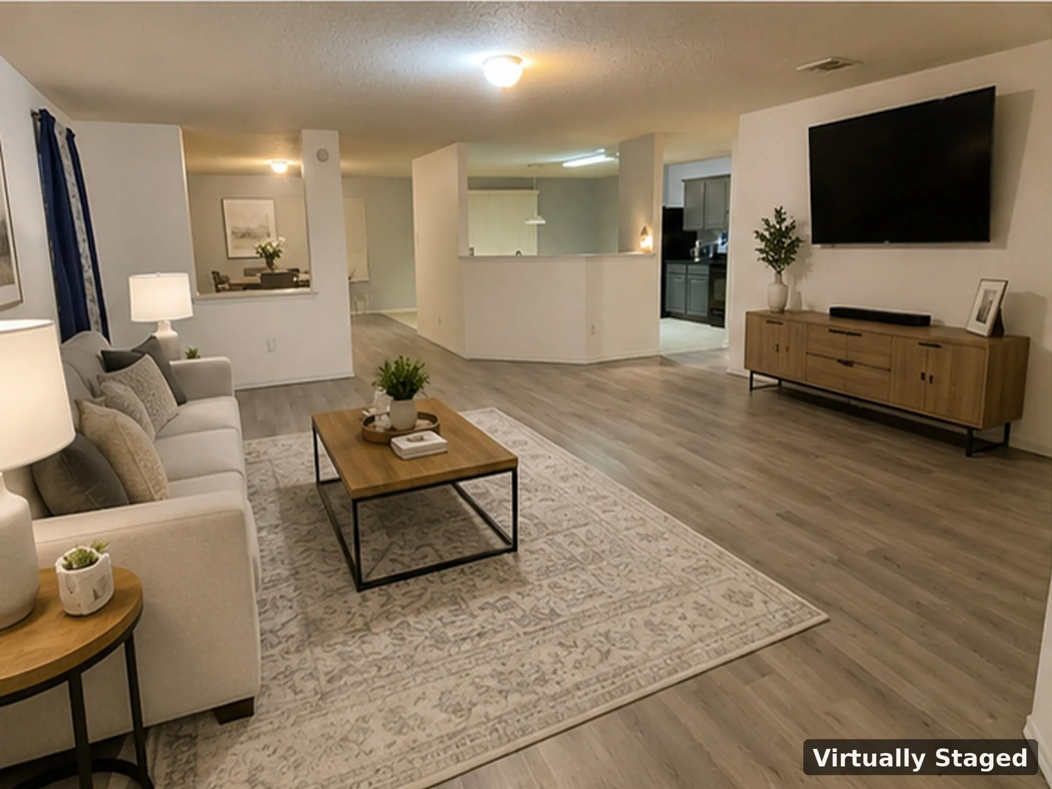 Spacious living area featuring wood-finish flooring, recessed lighting, and an open layout