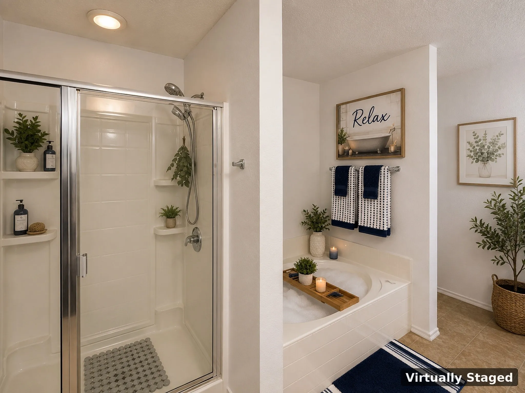 Soaking tub, walk-in shower with glass enclosure, recessed ceiling lighting, and light-toned tile flooring