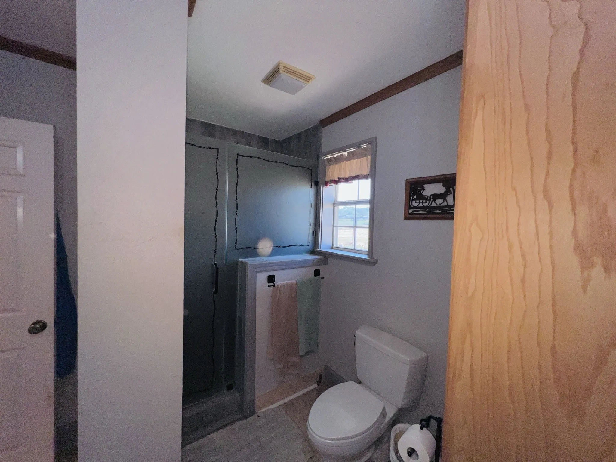Bathroom featuring a white toilet, walk-in shower with frosted glass enclosure, and a window with a valance
