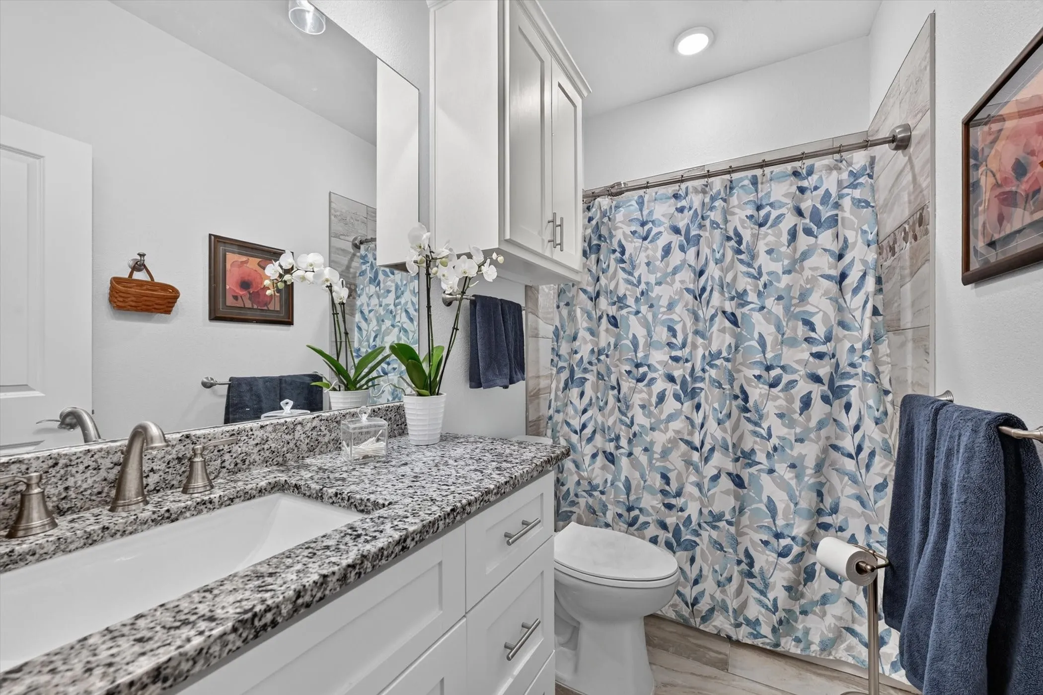 Bathroom featuring a white vanity with granite-style countertop, undermount sink, and brushed nickel faucet