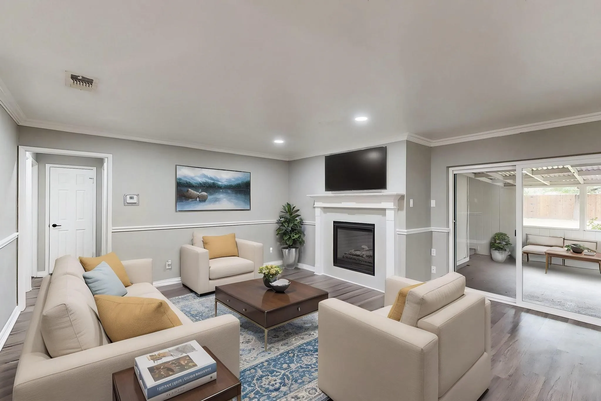 *Virtually staged*
Living area featuring wood finished floors, crown molding, a glass covered fireplace, recessed lighting, and baseboards