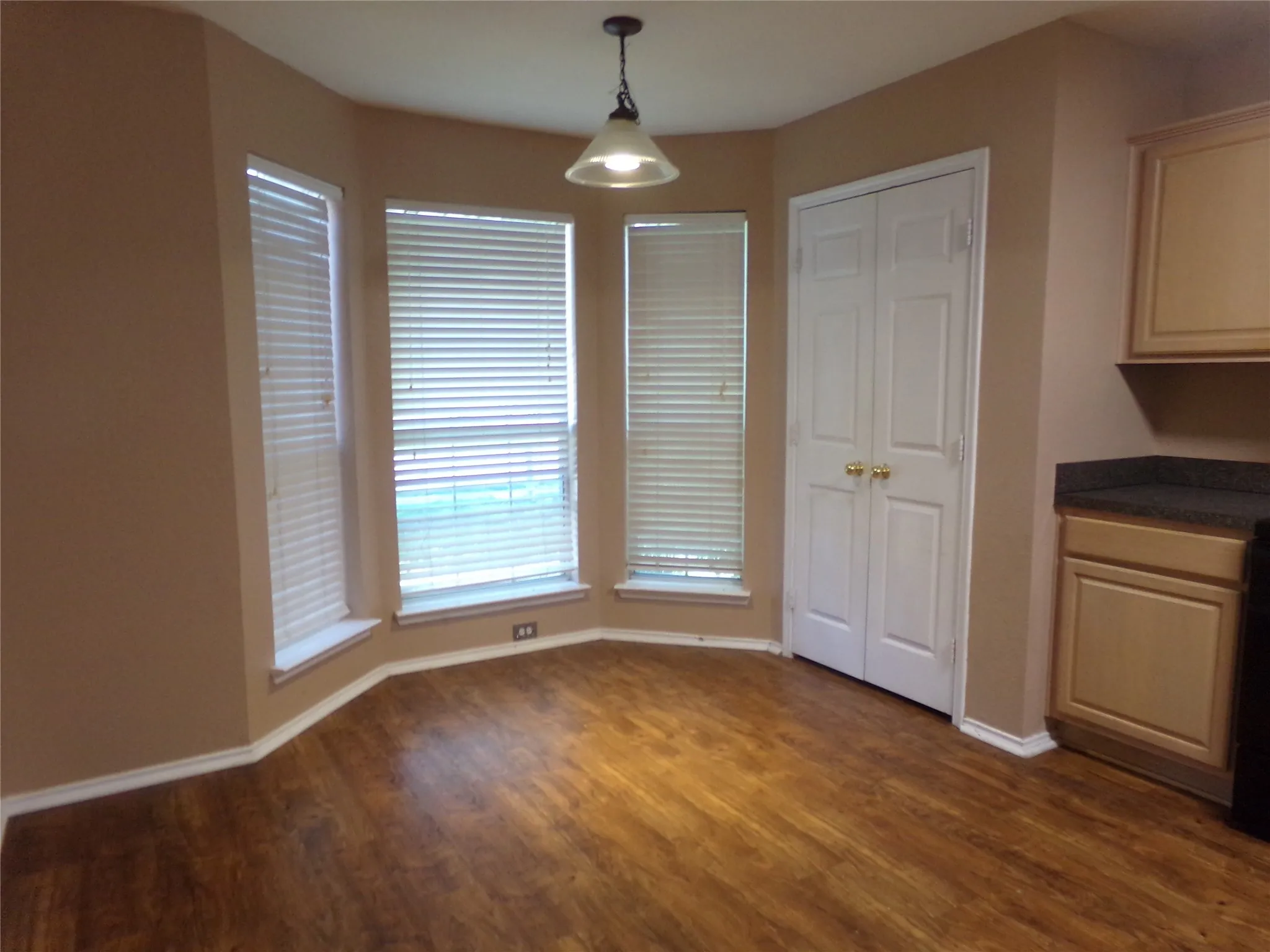 Bay window dining area featuring wood-finish flooring, a ceiling-mounted light fixture, white blinds, and base molding
