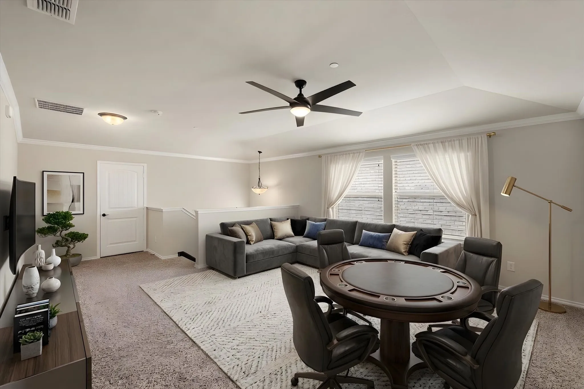 A perfect space upstairs for entertaining and bonding. Viturally stages to show use.